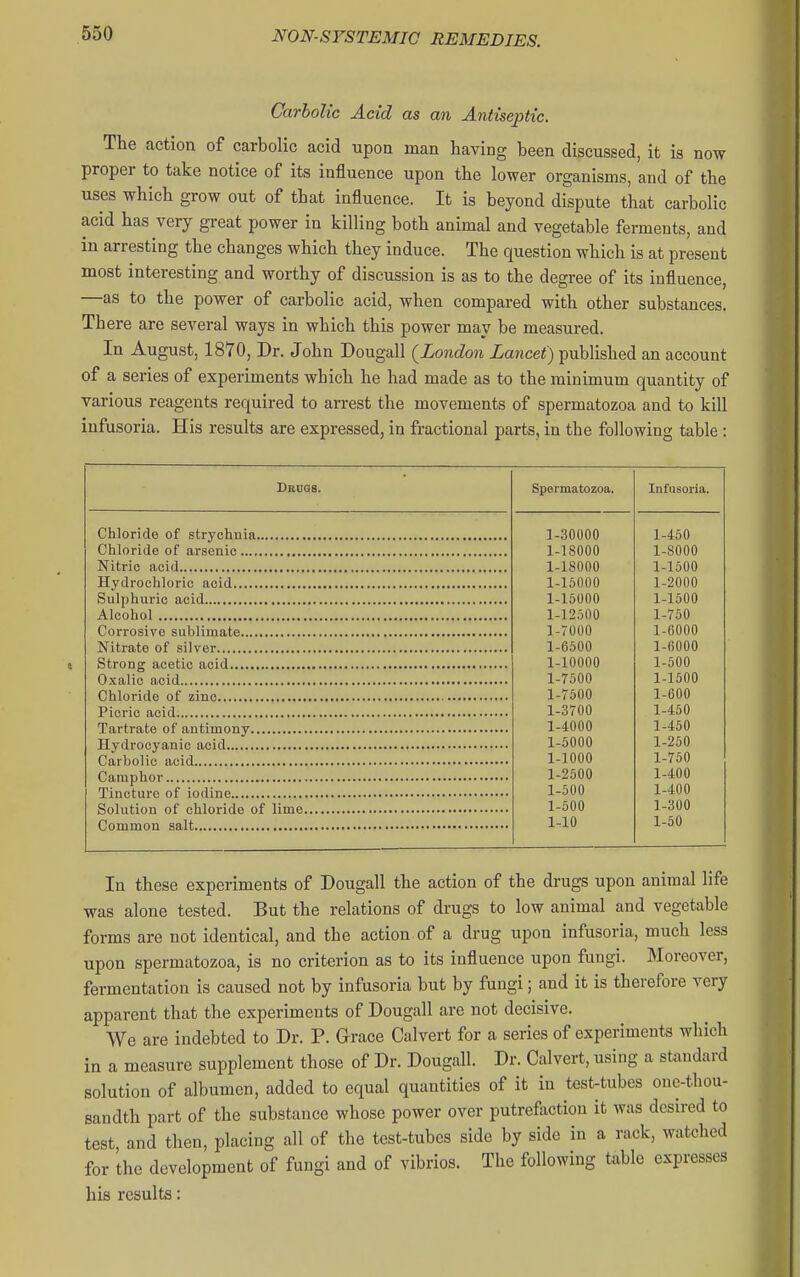 Carbolic Acid as an Antiseptic. The action of carbolic acid upon man having been discussed, it is now proper to take notice of its influence upon the lower organisms, and of the uses which grow out of that influence. It is beyond dispute that carbolic acid has very great power in killing both animal and vegetable ferments, and in arresting the changes which they induce. The question which is at present most interesting and worthy of discussion is as to the degree of its influence, —as to the power of carbolic acid, when compared with other substances. There are several ways in which this power may be measured. In August, 1870, Dr. John Dougall (London Lancet) published an account of a series of experiments which he had made as to the minimum quantity of various reagents required to arrest the movements of spermatozoa and to kill infusoria. His results are expressed, in fractional parts, in the following table : Dbcqs. Chloride of strychnia Chloride of arsenic Nitric acid Hydrochloric acid , Sulphuric acid , Alcohol Corrosive sublimate Nitrate of silver , Strong acetic acid Oxalic acid Chloride of zinc Picric acid Tartrate of antimony Hydrocyanic acid Carbolic acid Camphor Tincture of iodine Solution of chloride of lime Common salt Spermatozoa. 1-30000 1-18000 1-18000 1-15000 1-15000 1-12500 1-7000 1-6500 1-10000 1-7500 1-7500 1-3700 1-4000 1-5000 1-1000 1-2500 1-500 1-500 1-10 Infusoria. -450 -8000 -1500 -2000 -1500 -750 1-6000 1-6000 1-500 1-1500 1-600 1-450 1-450 -250 -750 -400 -400 -300 -50 In these experiments of Dougall the action of the drugs upon animal life was alone tested. But the relations of drugs to low animal and vegetable forms are not identical, and the action of a drug upon infusoria, much less upon spermatozoa, is no criterion as to its influence upon fungi. Moreover, fermentation is caused not by infusoria but by fungi; and it is therefore very apparent that the experiments of Dougall are not decisive. We are indebted to Dr. P. Grace Calvert for a series of experiments whicli in a measure supplement those of Dr. Dougall. Dr. Calvert, using a standard solution of albumen, added to equal quantities of it in test-tubes one-thou- sandth part of the substance whose power over putrefaction it was desired to test and then, placing all of the test-tubes side by side in a rack, watched for the development of fungi and of vibrios. The following table expresses his results: