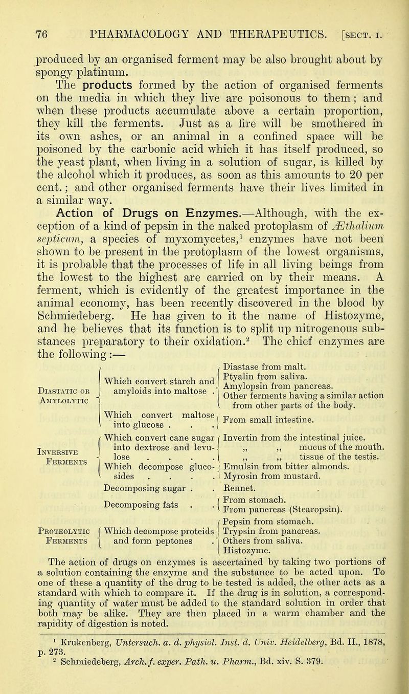 produced by an organised ferment may be also brought about by spongy platinum. The products formed by the action of organised ferments on the media in which they live are poisonous to them; and when these products accumulate above a certain proportion, they kill the ferments. Just as a fire will be smothered in its own ashes, or an animal in a confined space will be poisoned by the carbonic acid which it has itself produced, so the yeast plant, when living in a solution of sugar, is killed by the alcohol which it produces, as soon as this amounts to 20 per cent.; and other organised ferments have their lives limited in a similar way. Action of Drugs on Enzymes.—Although, with the ex- ception of a kind of pepsin in the naked protoplasm of jEtJtaUum scpticum, a species of myxomycetes,^ enzymes have not been shown to be present in the protoplasm of the lowest organisms, it is probable that the processes of life in all living beings from the lowest to the highest are carried on by their means. A ferment, which is evidently of the greatest importance in the animal economy, has been recently discovered in the blood by Schmiedeberg. He has given to it the name of Histozyme, and he believes that its function is to split up nitrogenous sub- stances preparatory to their oxidation.'^ The chief enzymes are the following:— Diastase from malt. Ptyalin from saliva. Amylopsin from pancreas. Other ferments having a similar action from other parts of the body. From small intestine. DiASTATIC OK Amylolytic Which convert starch and amyloids into maltose maltose, Inversive Ferments Which convert into glucose . Which convert cane sugar into dextrose and levu lose Which decompose gluco sides Decomposing sugar . Decomposing fats I' Invertin from the intestinal juice. J „ ,, mucus of the mouth. ( ,, ,, tissue of the testis, j Emulsin from bitter almonds. ( Myrosin from mustard. Eennet. I From stomach. ^ From pancreas (Stearopsin). / Pepsin from stomach. } Trypsin from pancreas. 1 Others from saliva. ( Histozyme. The action of drugs on enzymes is ascertained by taking two portions of a solution containing the enzyme and the substance to be acted upon. To one of these a quantity of the drug to be tested is added, the other acts as a standard with which to compare it. If the drug is in solution, a correspond- ing quantity of water must be added to the standard solution in order that both may be alike. They are then placed in a warm chamber and the rapidity of digestion is noted. Proteolytic Ferments Which decompose proteids and form peptones ' Krukenberg, Untersuch. a. d. physiol. Inst. d. Univ. Heidelberg, Bd. II., 1878, p. 273. ' Schmiedeberg, Arch.f. exper. Path. u. Pharm., Bd. xiv. S. 379.