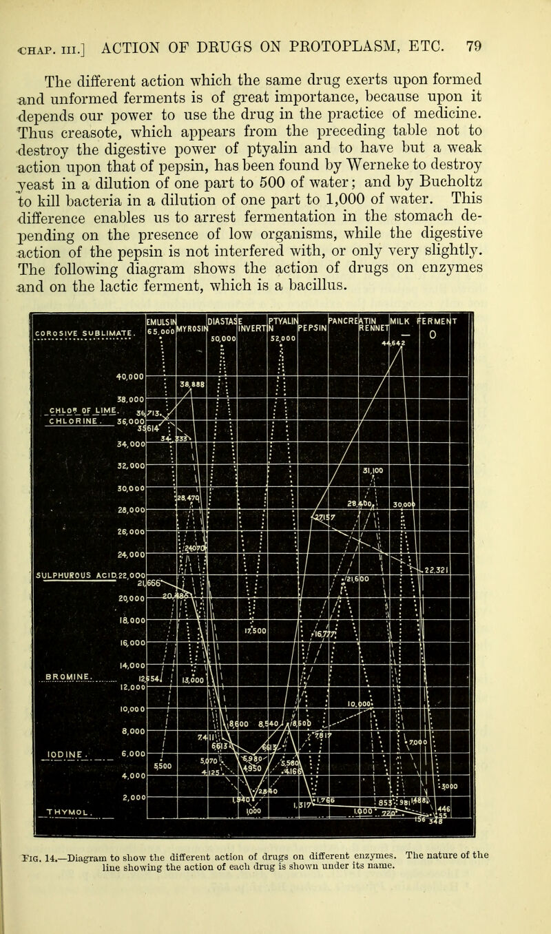 The different action which the same drug exerts upon formed and unformed ferments is of great importance, because upon it depends our power to use the drug in the practice of medicine. Thus creasote, which appears from the preceding table not to destroy the digestive power of ptyaHn and to have but a weak action upon that of pepsin, has been found by Werneke to destroy jeast in a dilution of one part to 500 of water; and by Bucholtz to kill bacteria in a dilution of one part to 1,000 of water. This difference enables us to arrest fermentation in the stomach de- pending on the presence of low organisms, while the digestive action of the pepsin is not interfered with, or only very slightly. The following diagram shows the action of drugs on enzymes and on the lactic ferment, which is a bacillus. .—Diagram to show the different action of drugs on different enzymes. The nature of the line showing the action of each drug is shown under its name.