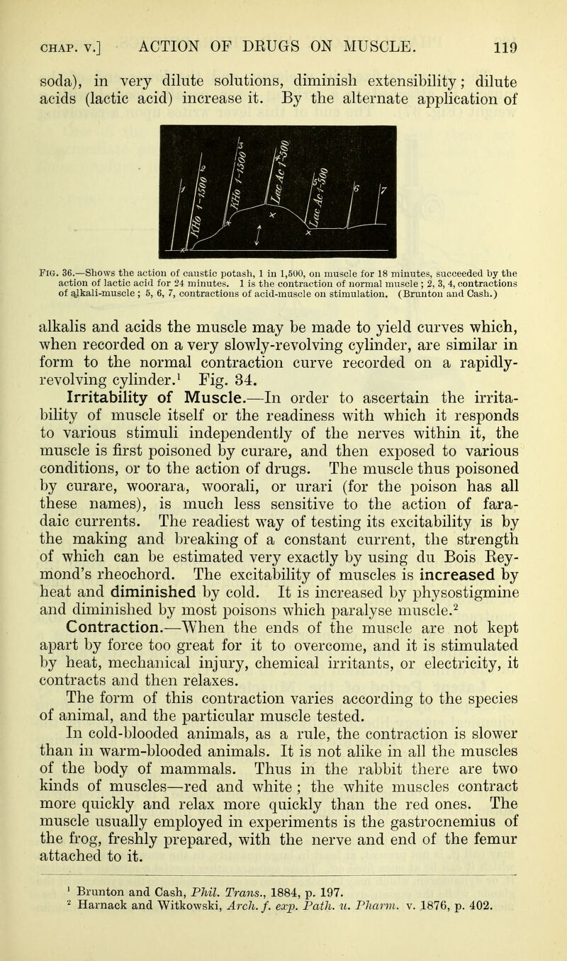 soda), in very dilute solutions, diminish extensibility; dilute acids (lactic acid) increase it. By the alternate application of Fig. 36.—Shows the action of caustic potash, 1 iu 1,500, on muscle for 18 minutes, succeeded by the action of lactic acid for 24 minutes. 1 is the contraction of normal muscle ; 2, 3, 4, contractions of q^lkali-muscle ; 5, 6, 7, contractions of acid-muscle on stimulation. (Brunton and Cash.) alkalis and acids the muscle may be made to yield curves which, when recorded on a very slowly-revolving cylinder, are similar in form to the normal contraction curve recorded on a rapidly- revolving cylinder. 1 Fig. 34. Irritability of Muscle.—In order to ascertain the irrita- bility of muscle itself or the readiness with which it responds to various stimuli independently of the nerves within it, the muscle is first poisoned by curare, and then exposed to various conditions, or to the action of drugs. The muscle thus poisoned by curare, woorara, woorali, or urari (for the poison has all these names), is much less sensitive to the action of fara- daic currents. The readiest way of testing its excitability is by the making and breaking of a constant current, the strength of which can be estimated very exactly by using du Bois Eey- mond's rheochord. The excitability of muscles is increased by heat and diminished by cold. It is increased by physostigmine and diminished by most poisons which paralyse muscle.'^ Contraction.—When the ends of the muscle are not kept apart by force too great for it to overcome, and it is stimulated by heat, mechanical injury, chemical irritants, or electricity, it contracts and then relaxes. The form of this contraction varies according to the species of animal, and the particular muscle tested. In cold-blooded animals, as a rule, the contraction is slower than in warm-blooded animals. It is not alike in all the muscles of the body of mammals. Thus in the rabbit there are two kinds of muscles—red and white ; the white muscles contract more quickly and relax more quickly than the red ones. The muscle usually employed in experiments is the gastrocnemius of the frog, freshly prepared, with the nerve and end of the femur attached to it. 1 Brunton and Cash, Phil. Trans., 1884, p. 197. 2 Harnack and Witkowski, Arch. f. exp. Path. u. Pharm. v. 1876, p. 402.