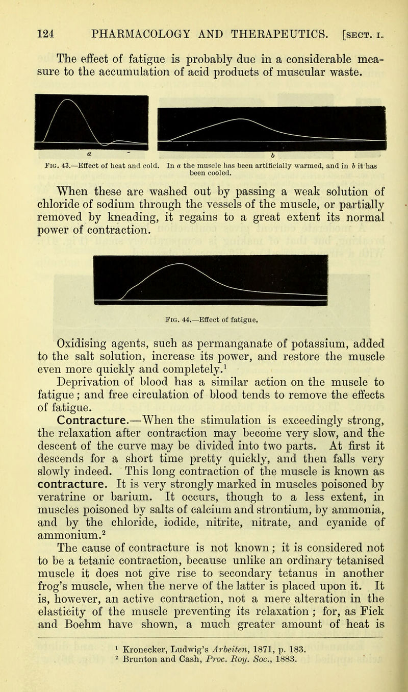 The effect of fatigue is probably due in a considerable mea- sure to the accumulation of acid products of muscular waste. a - I, Fig. 43.—Effect of heat and cold. In a the muscle has been artificially warmed, and in b it has been cooled. When these are washed out by passing a weak solution of chloride of sodium through the vessels of the muscle, or partially removed by kneading, it regains to a great extent its normal power of contraction. Fig. 44 Effect of fatigue. Oxidising agents, such as permanganate of potassium, added to the salt solution, increase its power, and restore the muscle even more quickly and completely.^ Deprivation of blood has a similar action on the muscle to fatigue; and free circulation of blood tends to remove the effects, of fatigue. Contracture.—When the stimulation is exceedingly strong, the relaxation after contraction may become very slow, and the descent of the curve may be divided into two parts. At first it descends for a short time pretty quickly, and then falls very slowly indeed. This long contraction of the muscle is known as contracture. It is very strongly marked in muscles poisoned by veratrine or barium. It occurs, though to a less extent, in muscles poisoned by salts of calcium and strontium, by ammonia, and by the chloride, iodide, nitrite, nitrate, and cyanide of ammonium.^ The cause of contracture is not known; it is considered not to be a tetanic contraction, because unlike an ordinary tetanised muscle it does not give rise to secondary tetanus in another frog's muscle, when the nerve of the latter is placed upon it. It is, however, an active contraction, not a mere alteration in the elasticity of the muscle preventing its relaxation ; for, as Fick and Boehm have shown, a much greater amount of heat is ^ Kronecker, Ludwig's Arbeiten, 1871, p. 183.  Brunton and Cash, Proc. Roy. Soc, 1883.