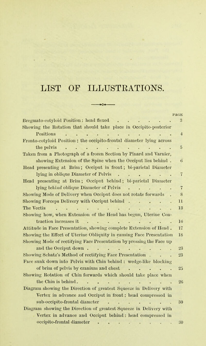 LIST OF ILLUSTRATIONS. PAGK Bregmato-cotyloid Position : head flexed 3 Showing the Rotation that should take place in Occipito-posterior Fronto-eotyloid Position : the occipito-frontal diameter lying across Taken from a Photograph of a frozen Section by Pinard and Varnier, showing Extension of the Spine when the Occiput lies behind . 6 Head presenting at Brim; Occiput in front; bi-parietal Diameter lying in oblique Diameter of Pelvis ...... 7 Head presenting at Brim; Occiput behind; bi-parietal Diameter lying behind oblique Diameter of Pelvis 7 Showing Mode of Delivery when Occiput does not rotate forwards . S Showing Forceps Delivery with Occiput behind 11 The Vectis 13 Showing how, when Extension of the Head has begun, Uterine Con- traction increases it 16 Attitude in Face Presentation, showing complete Extension of Head . 17 Showing the Effect of Uterine Obliquity in causing Face Presentation 18 Showing Mode of rectifying Face Presentation by pressing the Face up and the Occiput down 23 Showing Schatz's Method of rectifying Face Presentation . . .23 Face sunk down into Pelvis with Chin behind : wedge-like blocking of brim of pelvis by cranium and chest 25 Showing Rotation of Chin forwards which should take place when the Chin is behind 26 Diagram showing the Direction of greatest Squeeze in Delivery with Vertex in advance and Occiput in front: head compressed in sub-occipito-frontal diameter 30 Diagram showing the Direction of greatest Squeeze in Delivery with Vertex in advance and Occiput behind : head compressed in occipito-frontal diameter 30 Positions 4