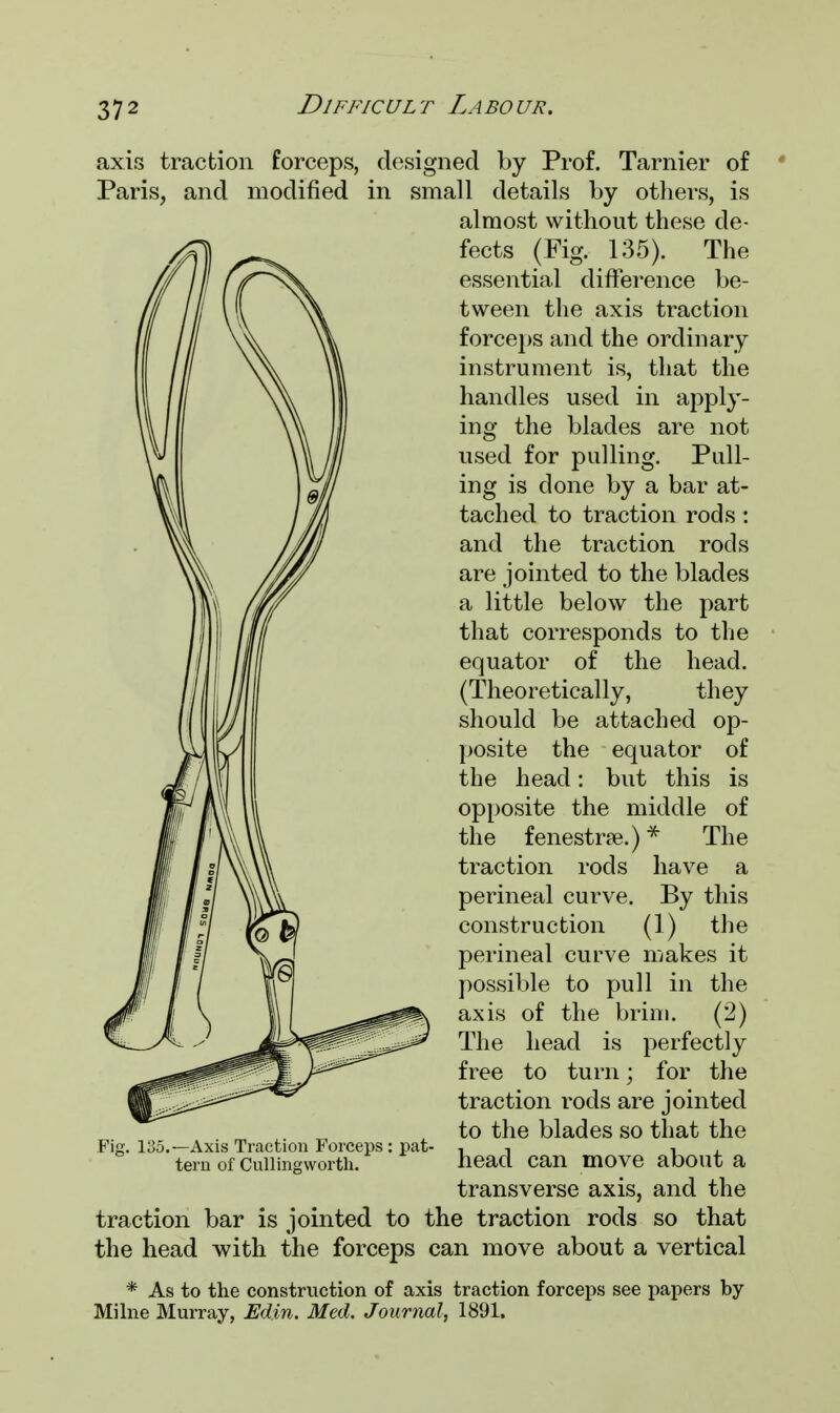 axis traction forceps, designed by Prof. Tarnier of Paris, and modified in small details by others, is almost without these de- fects (Fig. 135). The essential difference be- tween the axis traction forceps and the ordinary instrument is, that the handles used in apply- ing the blades are not used for pulling. Pull- ing is clone by a bar at- tached to traction rods : and the traction rods are jointed to the blades a little below the part that corresponds to the equator of the head. (Theoretically, they should be attached op- posite the equator of the head: but this is opposite the middle of the fenestra?.)* The traction rods have a perineal curve. By this construction (1) the perineal curve makes it possible to pull in the axis of the brim. (2) The head is perfectly free to turn; for the traction rods are jointed to the blades so that the head can move about a transverse axis, and the traction bar is jointed to the traction rods so that the head with the forceps can move about a vertical * As to the construction of axis traction forceps see papers by Milne Murray, Edin. Med. Journal, 1891. Fig. 135.—Axis Traction Forceps : pat tern of Cullingworth.