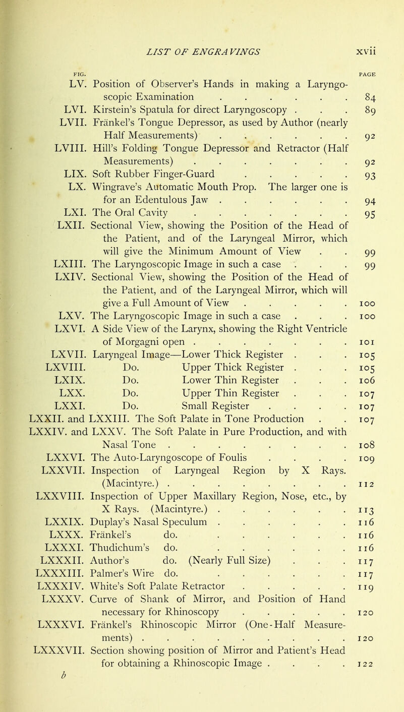 FIG. PAGE LV. Position of Observer's Hands in making a Laryngo- scopic Examination ...... 84 LVI. Kirstein's Spatula for direct Laryngoscopy ... 89 LVII. Frankel's Tongue Depressor, as used by Author (nearly Half Measurements) . . . . . .92 LVni. Hill's Folding Tongue Depressor and Retractor (Half Measurements) . . . . . . .92 LIX. Soft Rubber Finger-Guard ..... 93 LX. Wingrave's Automatic Mouth Prop. The larger one is for an Edentulous Jaw ...... 94 LXI. The Oral Cavity 95 LXII. Sectional View, showing the Position of the Head of the Patient, and of the Laryngeal Mirror, which will give the Minimum Amount of View . . 99 LXIII. The Laryngoscopic Image in such a case ... 99 LXIV. Sectional View, showing the Position of the Head of the Patient, and of the Laryngeal Mirror, which will give a Full Amount of View . . . . .100 LXV. The Laryngoscopic Image in such a case . . .100 LXVL A Side View of the Larynx, showing the Right Ventricle of Morgagni open . . . . . . .101 LXVII. Laryngeal Image—Lower Thick Register . . -105 LXVIII. Do. Upper Thick Register . . .105 LXIX. Do. Lower Thin Register . . .106 LXX. Do. Upper Thin Register . . .107 LXXI. Do. Small Register . . . .107 LXXII. and LXXIIL The Soft Palate in Tone Production . . 107 LXXIV. and LXXV. The Soft Palate in Pure Production, and with Nasal Tone . . . . . . . .108 LXXVI. The Auto-Laryngoscope of Foulis . . . .109 LXXVIL Inspection of Laryngeal Region by X Rays. (Macintyre.) . . . . . . . .112 LXXVIII. Inspection of Upper Maxillary Region, Nose, etc., by X Rays. (Macintyre.) 113 LXXIX. Duplay's Nasal Speculum . . . . . .116 LXXX. Frankel's do. 116 LXXXI. Thudichum's do. 116 LXXXIL Author's do. (Nearly Full Size) . . .117 LXXXIIL Palmer's Wire do. 117 LXXXIV. White's Soft Palate Retractor 119 LXXXV. Curve of Shank of Mirror, and Position of Hand necessary for Rhinoscopy . . . . .120 LXXXVI. Frankel's Rhinoscopic Mirror (One-Half Measure- ments) . . . . . . . . .120 LXXXVII. Section showing position of Mirror and Patient's Head for obtaining a Rhinoscopic Image . . . .122 b
