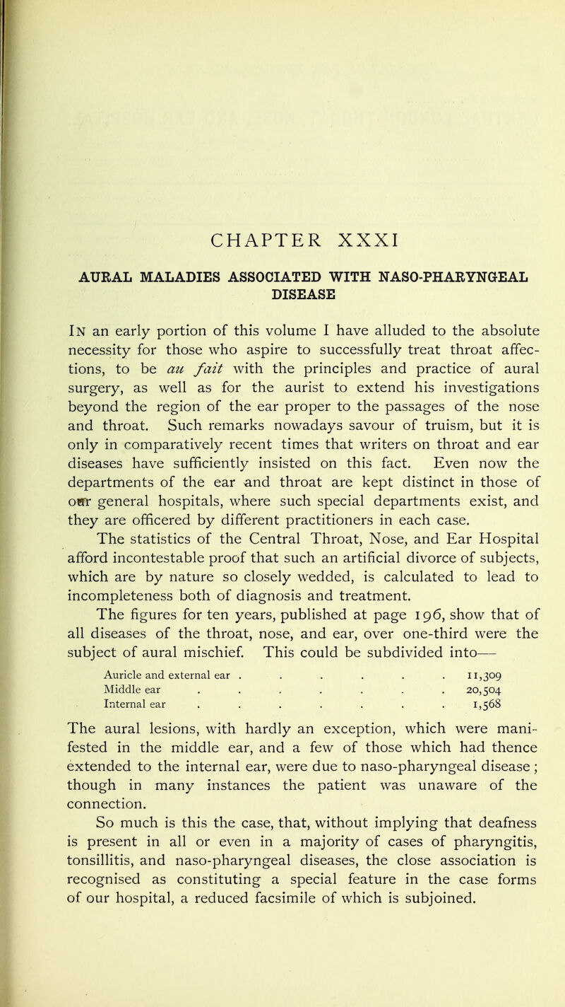 CHAPTER XXXI AURAL MALADIES ASSOCIATED WITH NASO-PHARYNGEAL DISEASE In an early portion of this volume I have alluded to the absolute necessity for those who aspire to successfully treat throat affec- tions, to be au fait with the principles and practice of aural surgery, as well as for the aurist to extend his investigations beyond the region of the ear proper to the passages of the nose and throat. Such remarks nowadays savour of truism, but it is only in comparatively recent times that writers on throat and ear diseases have sufficiently insisted on this fact. Even now the departments of the ear and throat are kept distinct in those of om general hospitals, where such special departments exist, and they are officered by different practitioners in each case. The statistics of the Central Throat, Nose, and Ear Hospital afford incontestable proof that such an artificial divorce of subjects, which are by nature so closely wedded, is calculated to lead to incompleteness both of diagnosis and treatment. The figures for ten years, published at page 196, show that of all diseases of the throat, nose, and ear, over one-third were the subject of aural mischief. This could be subdivided into-— Auricle and external ear ...... 11,309 Middle ear ...... . 20,504 Internal ear ....... 1,568 The aural lesions, with hardly an exception, which were mani- fested in the middle ear, and a few of those which had thence extended to the internal ear, were due to naso-pharyngeal disease; though in many instances the patient was unaware of the connection. So much is this the case, that, without implying that deafness is present in all or even in a majority of cases of pharyngitis, tonsillitis, and naso-pharyngeal diseases, the close association is recognised as constituting a special feature in the case forms of our hospital, a reduced facsimile of which is subjoined.