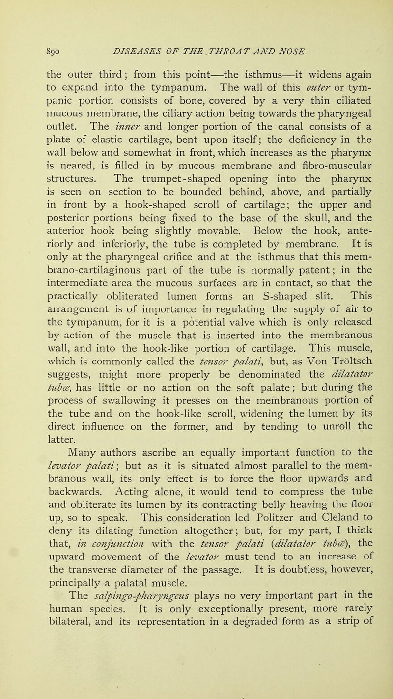 the outer third; from this point—the isthmus—it widens again to expand into the tympanum. The wall of this outer or tym- panic portion consists of bone, covered by a very thin ciliated mucous membrane, the ciliary action being towards the pharyngeal outlet. The inner and longer portion of the canal consists of a plate of elastic cartilage, bent upon itself; the deficiency in the wall below and somewhat in front, which increases as the pharynx is neared, is filled in by mucous membrane and fibro-muscular structures. The trumpet-shaped opening into the pharynx is seen on section to be bounded behind, above, and partially in front by a hook-shaped scroll of cartilage; the upper and posterior portions being fixed to the base of the skull, and the anterior hook being slightly movable. Below the hook, ante- riorly and inferiorly, the tube is completed by membrane. It is only at the pharyngeal orifice and at the isthmus that this mem- brano-cartilaginous part of the tube is normally patent; in the intermediate area the mucous surfaces are in contact, so that the practically obliterated lumen forms an S-shaped slit. This arrangement is of importance in regulating the supply of air to the tympanum, for it is a potential valve which is only released by action of the muscle that is inserted into the membranous wall, and into the hook-like portion of cartilage. This muscle, which is commonly called the tensor palati, but, as Von Troltsch suggests, might more properly be denominated the dilatator tubes, has little or no action on the soft palate; but during the process of swallowing it presses on the membranous portion of the tube and on the hook-like scroll, widening the lumen by its direct influence on the former, and by tending to unroll the latter. Many authors ascribe an equally important function to the levator palati \ but as it is situated almost parallel to the mem- branous wall, its only effect is to force the floor upwards and backwards. Acting alone, it would tend to compress the tube and obliterate its lumen by its contracting belly heaving the floor up, so to speak. This consideration led Politzer and Cleland to deny its dilating function altogether; but, for my part, I think that, in conjunction with the tensor palati {dilatator tubce), the upward movement of the levator must tend to an increase of the transverse diameter of the passage. It is doubtless, however, principally a palatal muscle. The salpingo-pharyngeus plays no very important part in the human species. It is only exceptionally present, more rarely bilateral, and its representation in a degraded form as a strip of