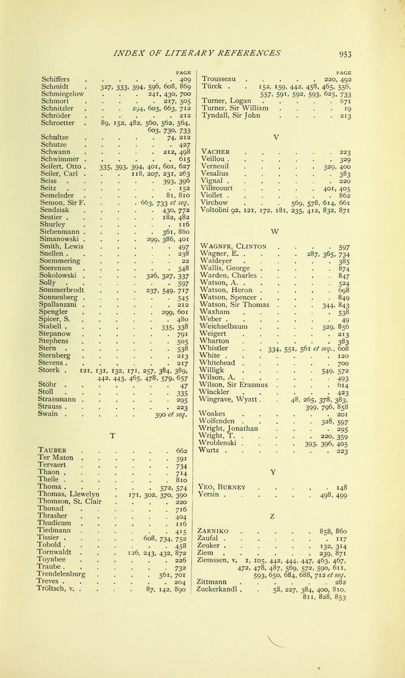PAGE Schiffers 409 Schmidt . 327, 333, 394, 596, 608, 869 Schraiegelow . . . 241, 430, 700 Schmorl 217, 505 Schnitzler . . . 294, 603, 663, 712 Schroder ...... 212 Schroetter . 89, 152, 482, 560, 562, 564, 603, 730, 733 Schultze 74, 212 Schutze ....... 427 Schwann ..... 212, 498 Schwimmer 615 Seifert, Otto . 335, 393, 394, 401, 601, 627 Seiler, Carl . . . 118, 207, 231, 263 Seiss 393, 396 Seitz 152 Semeleder ..... 81, 8io Semon, Sir F. . . . 663, 733 et seq. Sendziak 430, 772 Sestier 182, 482 Shurley . . . . . .116 Siebenmann ..... 361, 860 Simanowski .... 299, 386, 401 Smith, Lewis 497 Snellen 238 Soemmering ..... 22 Soerensen 548 Sokolowski .... 326, 327, 337 Solly 597 Sommerbrodt . . . 237, 549, 717 Sonnenberg ...... 545 Spallanzani 212 Spengler ..... 299, 60r Spicer, S. ..... . 480 Stabell ...... 335, 338 Stepanow . . . . . -791 Stephens 505 Stern 538 Sternberg . . . . . .213 Stevens 217 Stoerk . 121, 131, 132, 171, 257, 384, 389, 442, 443, 465, 478, 579, 657 Stohr 47 Stoll 335 Strassmann 295 Strauss ....... 223 Swain ..... 390 et seq. Tauber 662 Ter Maten 591 Tervaert 734 Thaon . . . . . . . 714 Theile 810 Thoma ...... 572, 574 Thomas, Llewelyn . 171, 302, 370, 390 Thomson, St. Clair .... 220 Thonad 716 Thrasher 404 Thudicum . . . . . .116 Tiedmann 415 Tissier 608, 734, 752 Tobold ....... 458 Tornwaldt . . .126, 243, 432, 872 Toynbee ...... 226 Traube....... 732 Trendelenburg . . , .561, 701 Treves 204 Troltsch, V 87, 142, 890 PAGE Trousseau ..... 220, 492 Turck . . 152, 159, 442, 458, 465, 556, 557. 59^. 592, 593. 625, 733 Turner, Logan 871 Turner, Sir William .... 19 Tyndall, Sir John .... 213 V Vacher 223 Veillou ....... 329 Verneuil 329, 400 Vesalius 383 Vignal 220 Villecourt 401, 405 Viollet 862 Virchow . . . 569, 578, 614, 661 Voltohni 92, 121, 172, 181, 235, 412, 832, 871 W Wagnfr, Clinton .... 597 Wagner, E 287, 365, 734 Waldeyer ...... 385 Wallis, George 874 Warden, Charles 847 Watson, A. . . . . . . 524 Watson, Heron 698 Watson, Spencer 849 Watson, Sir Thomas . . . 344, 843 Waxham 538 Weber ....... 49 Weichselbaum .... 329, 856 Weigert . . . . . .213 Wharton 383 Whistler . . 334, 551, 561 et seq., 608 White ....... 120 Whitehead 700 WiUigk 549, 572 Wilson, A 493 Wilson, Sir Erasmus .... 614 Winckler ...... 423 Wingrave, Wyatt . . 48, 265, 378, 383, 399. 796, 858 Woakes ...... 201 Wolfenden ..... 328, 597 Wright, Jonathan .... 295 Wright, T 220, 359 Wroblenski .... 393, 396, 405 Wurtz ....... 223 Yeo, Burney Yersin . 148 . 499 Zarniko 858, 860 Zaufal . . . . . . .117 Zeuker 132, 314 Ziem 239, 871 Ziemssen, v. i, 105, 442, 444, 447, 463, 467, 472, 478, 487, 569, 572, 590, 611, 593, 650, 684, 688, 712 et seq. Zittmann 282 Zuckerkandl . . 58, 227, 384, 400, 810, 811, 828, 853