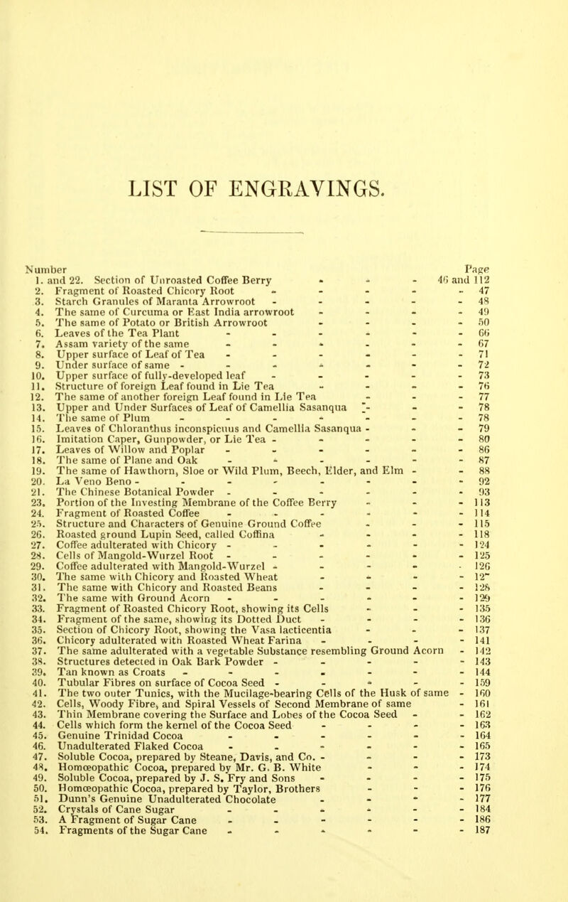 LIST OF ENGRAVINGS. Number Page Land 22. Section of Unroasted CofPee Berry - - - 4'; and 112 2. Fragment of Roasted Chicory Hoot - - - - - 47 3. Starch Granules of Maranta Arrowroot - - - - - Af^ 4. The same of Curcuma or East India arrowroot - - - - 49 5. The same of Potato or British Arrowroot - - - - SO 6. Leaves of the Tea Plant - - - - - - G« 7. Assam variety of the same - - - - - - 67 8. Upper surface of Leaf of Tea - - - - - - 71 9. Under surface of same - - - - - - -72 10. Upper surface of fully-developed leaf - - - - - 73 11. Structure of foreign Leaf found in Lie Tea - - - - 7« 12. The same of another foreign Leaf found in Lie Tea - - - 77 13. Upper and Under Surfaces of Leaf of Camellia Sasanqua - - 78 14. Tiie same of Plum - - - - - - - 78 15. Leaves of Chloranthus inconspicuus and Camellia Sasanqua - - - 79 If). Imitation Caper, Gunpowder, or Lie Tea - - - - - 80 17. Leaves of Willow and Poplar - - - - - - 86 18. The same of Plane and Oak - - - - - - 87 19. The same of Hawthorn, Sloe or Wild Plum, Beech, Elder, and Elm - - 88 20. La Veno Beno - - - - - - - 92 21. The Chinese Botanical Powder - - - - - - 93 23. Portion of the Investing Membrane of the Coffee Berry - - - 113 24. Fragment of Roasted Coffee - - - - - - 114 25. Structure and Characters of Genuine Ground Coffee - - - 115 26. Roasted ground Lupin Seed, called Coffina - - - - 118 27. Coffee adulterated with Chicory - - - - - - 124 28. Cells of Mangold-Wurzel Root - - - - - - 125 29. Coffee adulterated with Mangold-Wurzel - - - - - 126 30. The same with Chicory and Roasted Wheat . - - - 12 31. The same with Chicory and Roasted Beans . _ - - i-2fy 32. The same with Ground Acorn - - - - - - 129 33. Fragment of Roasted Chicory Root, showing its Cells - - - 13.5 34. Fragment of the same, showing its Dotted Duct _ . - - 1.36 35. Section of Chicory Root, showing the Vasa lacticentia - - - 137 36. Chicory adulterated with Roasted Wheat Farina - - - - 141 37. The same adulterated with a vegetable Substance resembling Ground Acorn - 142 3S. Structures detected in Oak Bark Powder ----- 143 39. Tan known as Croats - - - . - - - 144 40. Tubular Fibres on surface of Cocoa Seed - - - - - 159 41. The two outer Tunics, with the Mucilage-bearing Cells of the Husk of same - 160 42. Cells, Woody Fibre, and Spiral Vessels of Second Membrane of same - 161 43. Thin Membrane covering the Surface and Lobes of the Cocoa Seed - - 162 44. Cells which form the kernel of the Cocoa Seed - . - - 45. Genuine Trinidad Cocoa 164 46. Unadulterated Flaked Cocoa - - - - - - 165 47. Soluble Cocoa, prepared by Steane, Davis, and Co. - - - - 173 48. Homoeopathic Cocoa, prepared by Mr. G. B. White . - - 174 49. Soluble Cocoa, prepared by J. S. Fry and Sons _ . - _ 175 50. Homoeopathic Cocoa, prepared by Taylor, Brothers - - - 176 51. Dunn's Genuine Unadulterated Chocolate - - * - 177 52. Crystals of Cane Sugar - - - - - - 184 53. A Fragment of Sugar Cane - - - - - - 186 54. Fragments of the Sugar Cane - - - - - - 187