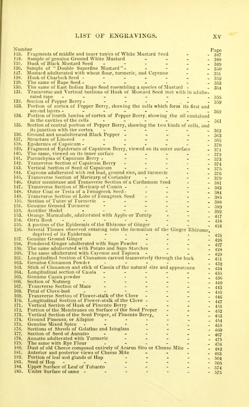 Xumber Page ] Fragments of middle and inner tunics of White Mustard Seed - - 347 124. Sample of genuine Ground White Mustard - _ _ . 34^ Vir,. Husk of Blaik Mustard Seed - - - - - - 34<J I'itj. Sample of Double Superfine Mustard- - 350 127. Mustard adulterated with wheat flour, turmeric, and Cayenne - - 351 1-2S. Husk of Charlock Seed ------ 352 1'29. Tlie same of Rape Seed 353 130. The same of East Indian Rape Seed resembling a species of Mustard - . 354 131. Transverse and Vertical Sections of Husk of Musiard Seed met w ith in adulte- rated rape - - - - - - - -355 132. Section of Pepper Berry - - - - - . _ - 359 133. Portion of cortex of I'epper Berry, showing the cells which form its first and second layers - - - - _ 3(30 134. Portion of fourth lamina of cortex of Pepper Berry, showing the oil contained in the cavities of the cells 3gl 135. Section of central portion of Pepper Berry, showing the two kinds of cells, and its junction with the cortex 3^2 136. Ground and unadulterated Black Pepper - - - _ . 3(53 137. Structure of Linseed - - - . 3(35 i:w. Ei)idermis of Capsicum 37Q 139. Fragment of F^pidermis of Capsicum Berry, viewed on its outer surfcice - 371 141). The same, viewed on its inner surface . . - . _ 372 141. Parenchyma of Capsicum Berry - - - - - _ 373 142. Transverse Section of Capsicum Berry - 374 143. Vertical Section of Seed of Capsicum - 375 144. Cayenne adulterated with red lead, ground rice, and turmeric - - 375 140. Transverse Section of Mericarp of Coriander - 379 14(). Outer membrane and Transverse Section of a Cardamom Seed - . 3>^i 147. Transverse Section of Mericarp of Cumin - - - _ . 333 148. Outer Coat or Testa of a Fenugreek Seed - - - - . 334 149. Transverse Section of Lobe of Fenugreek Seed - 3^5 150. Section of Tuljer of Furmeric 3gg 151. (u'uuinc Ground Turmeric 3^9 152. .VcrtUirr Model - - - - - . .392 lo3. Or.uigr Mariualade, adulterated with Apple or Turnip - 417 ]->4. Orris Hoot - - - - - - - -418 155. A portion of the Epidermis of the Rhizome of Ginger - - _ 4^4 156. Several Tissues observed entering into the formation of the Ginger Rhizome, deprived of its Epidermis 425 157. Genuine Ground Ginger - - - _ 42g 158. Powdered Ginger adulterated with Sago Powder - - - . 427 159. The same adulterated with Potato and Sago Starches - 428 160. The same adulterated witli Cayenne and Tapioca - - - . 429 161. Longitudinal Section of Cinnamon carried transversely through the bark - 4:51 162. (ienuine Cinnamon Powder 432 163. Stick of Cinnamon and stick of Cassia of the natural size and appearance - 434 164. Longitudinal section of Ca-ssia 431^ 165. Genuine Cassia powder 43^; 166. Section of Nutmeg - - . 440 167. Transverse Section of Mace ------ 443 168. Petal of Clove-bud - - - - - - - 445 169. Transverse Section of Flower-stalk of the Clove - - - .. 44Q 170. Longitudinal Section of Flower-stalk of the Clove - - - . 447 171. Vertical Section of Husk of Pimento Berry - - - . 45^ 172. Portion of the Membranes on Surface of the Seed Proper - 452 173. Vertical Section of the Seed Proper, of Pimento Berry, - 453 174. Ground Pimento, or Allspice 454 175. Genuine Mixed Spice 455 176. Sections of Shreds of Gelathie and Isinglass . _ _ . ^^^q 177. Section of Seed of Annatto 4g7 178. Annatto adulterated with Turmeric - - - - - 475 179. The same with Rye Flour 47^ 180. Dust of old Cheese composed entirely of Acarus Siro or Cheese Mite - - 452 181. Anterior and posterior views of Cheese Mite _ - . _ 433 182. Portion of leaf and glands of Hop - - - - . 504 183. Seed of Hop - - - - - - - - 505 184. Upper Surface of Leaf of Tobacco ----- 574 185. Under Surface of same ------- 575