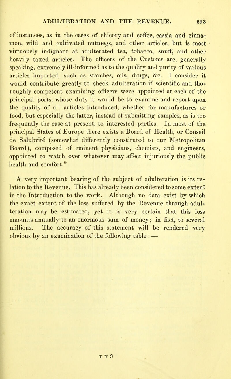 of instances, as in the cases of chicory and coffee, cassia and cinna- mon, wild and cultivated nutmegs, and other articles, but is most virtuously indignant at adulterated tea, tobacco, snuff, and other heavily taxed articles. The officers of the Customs are, generally speaking, extremely ill-informed as to the quality and purity of various articles imported, such as starches, oils, drugs, &c. I consider it would contribute greatly to check adulteration if scientific and tho- roughly competent examining officers were appointed at each of the principal ports, whose duty it would be to examine and report upon the quality of all articles introduced, whether for manufactures or food, but especially the latter, instead of submitting samples, as is too frequently the case at present, to interested parties. In most of the principal States of Europe there exists a Board of Health, or Conseil de Salubrite (somewhat differently constituted to our Metropolitan Board), composed of eminent physicians, chemists, and engineers, appointed to watch over whatever may affect injuriously the public health and comfort. A very important bearing of the subject of adulteration is its re- lation to the Revenue. This has already been considered to some extent in the Introduction to the work. Although no data exist by which the exact extent of the loss suffered by the Revenue through adul- teration may be estimated, yet it is very certain that this loss amounts annually to an enormous sum of money; in fact, to several millions. The accuracy of this statement will be rendered very obvious by an examination of the following table : —