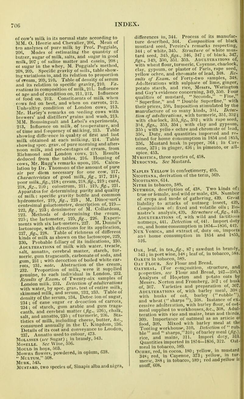 TOG of cow's milk, in its normal state according to MM. O. Henrie and Chevalier, 206. Mean of ten analyses of pure milk by Prof. Poggiale, 206. Modes of estiinalint; the quantity of butter, sugar of milk, salts, and sugar in good milk, 207 ; of saline matter and casein, 208 ; ot sugar in the whey, M. Poggiale's method, 208, 209. Specific gravity of milk, table show- ing variations in, and its relation to proportion of cream, 209, 210. Table of density of serum and its relntion to specific gravity, 210. ? nations in composition of milk, 211. Influence ol age and of condition on, 211, 212. Influence of food on, 212. Constituents of milk when cows fed on beet, and when on carrots, 212. Unhealttiy condition of London cows, 213. Mr. Harlev's remarks on feeding cows with brewers' and distillers' grains and wash, 213. MM. Boussingault and Label's experiments, 213. Influence on milk, of temperature, and of time and fi equency of milking, 213. Table showing difference in quality of first and last milk obtained at each milking, 214. Table showing spec. grav. of pure morning and after- noon milk, and per-ceiitages of cream, from Richmond and London cov/s, 215. Results deduced from the tables, 216. Housing of tows, Mr. Rugg's remarks upon, 216. Calcu- lation by Dr. Thomson of the amount of pure air per diem necessary for one cow, 217. Characlerisiics of good milk, ^g., 2)7, 218; poor milk, Ji^., 218; cream, 218, ^g., 219 ; curd, 218, J?i'., 2-iO; colostrum, 211. jig., 221. Apparatus for determining purity and quality of milk: specific gravity bottle and common hydrometer, 1\% fig-^ 223, M. Dinocuirt's centesimal galactometer, description of, 219— 1-1% fig., 223; densimeter of M. Collardeau, 222. Methods of determining the cream, 225; the lactometer, lib, fig., 226. Experi- ments with six lactometers, 227. M. Donne s lactoscope, with directions for its application, 227 fig., 228. Table of richness of different kinds of'milk as shown on the lactoscope, 229, 230. Probable fallacy of its indications, 230. AuuLTERATioNs of milk with water, treacle, salt, aniiatto, cerebral matter, starch, tur- meric, gum tragacanth, carbonate of soda, and gum, 231 ; with decoction of boiled white car- rots, 231. note. Abstraction of the cream, 232. Proportion of milk, were it supplied genuine, to each individual in London. 232. llesvlls of Exam, of Twenty-six samples of London milk, 232. Detection of adiilterations with water, by spec. grav. test of entire milk, skimmed milk, and serum, 232, '.^33. Table of density of the serum, 234. Detec ion ot sugar, 234 ; of cane sugar or decoction of carrots, 234; of starch, gum arabic and gum traga- canth, and cerebral matter {fig., 236), chalk, salt, and annatto, 235 ; of turmeric, 236. Sta- tistics of milk, including cheese, butter, &c., consumed annually in the U. Kingdom, 236. Details of its cost and conveyance to London, 237. Annatto used to colour, 473. Molasses {see Sugar) ; in brandy, 543. Moselle. See Wine, 556. Mould in hops, 503. . MovvnA flowers, powdered, in opium, 03».  Ml'LTUM, 508. Murk, 54:5. , . Mustard, two species of, Sinapis alba and nigra, differences in, 344. Process of its manufac- ture described, 344. Coynposition of black mustard seed, Pereira's remarks respecting, 344 ; of white, 345. Structure of white mus- tard seed, 345, ^^i-., 346, 347 ; of black, 347, figs., 349, 350, 351. 355. Adulterations of, with wheat flour, turmeric, Cayenne, charlock, clay, gypsum, or plaster of Paris, rape seed, yellow ochre, and chromate of lead, 348. Re- sults of Exam, of Forty-two samples, Adulterations with sulphate of lime, ginger, potato starch, and rice, Messrs. Warington and Gay's evidence concerning, 349, 350. Lour qualities of mustard,  Seconds,  Fine,  Superfine, and  Double Superfine, with their prices, 350. Imposition stimulated by the manufacture of so many kinds, 351. Detec- tion of adulterations, with turmeric, 351, 3n2 ; with charlock, Zy6,fig., 352 ; with rape seed, 3=.4, yigs., 353, 354 ; with clay and gypsum, 355 ; with yello* ochre and chromate of lead, 356. Duty, and quantities imported and re- tained for home consumption in 1854 and 18')), 356. Mustard husk in pepper, 364 ; in Cay- enne, 373 ; in ginger, 436 ; in pimento, or all- spice, 453. Myristica, three species of, 458. Myrocyne. Sec Mustard. Naples Yellow in confectionery, 495. NicoTiANA, derivation of the term, 569. NlCOTIANIN, 614. Nitre in tobacco, 589. Nutmegs, description of, 43«. Two kinds of: true or female, and wild or male, 438. Number of crops and mode of gathering, 439. Great liability to attacks of nutmeg insect, 439. Co7)iposilion of: fixed and volatile oils; Bo- nastre's analysis, 439. Structure of, fig.,'i'iO. Adulterations of, with wild and factitious nutmegs, 441. Detection of, U]. Import duty on, and home consumpti<m in 1854—1856, 442. Nux Vomica, and extract of, duty on, imports and home consumption in 1854 and 1855, 516. Oak, leaf, in tea,^?^., 87; sawdust in brandy, 543 ; in port wine, 548 ; leaf of, in tobacco, 58!i, Oakum in tobacco, 589. Oat Flour. See Flour and Bread, Oatmeal. (For composition, structure, and properties, sec Flour and Bread, 247—250.1 Analyses of Hopeton and potato oats by Messrs. Norton and Fromberg, 307 ; of husk of, 307. Varieties and preparation of, 307. Adulteration.s of, with barley meal, 30X ; with husks of oat, barley (rubble), and wheat ( sharps ), 308. Instance of ex. cessive adulteration, with barley flour, of ont meal supplied to workhouses, I'tc, 308. Adul- teration with rice and maize, bran and thirds, 309. Importance of oatmeal as an article 0 food 309. Mixed with barley meal at the. Tooting workhouse, 310. Detection of  rub. ble and  sharps,310; of barley meal {Jig.).. rice, and maize, 311. Import duty, 311 Quantities imported in 1854—1856, 312. Oat- meal in tobacco, 589. Ochre, red, in cocoa, 180; yellow, in mustard 348; red, in Cayenne, 373; yellow, in tur meric, 3H8; in tobacco, 589; red and yellow ii snuff, 608.