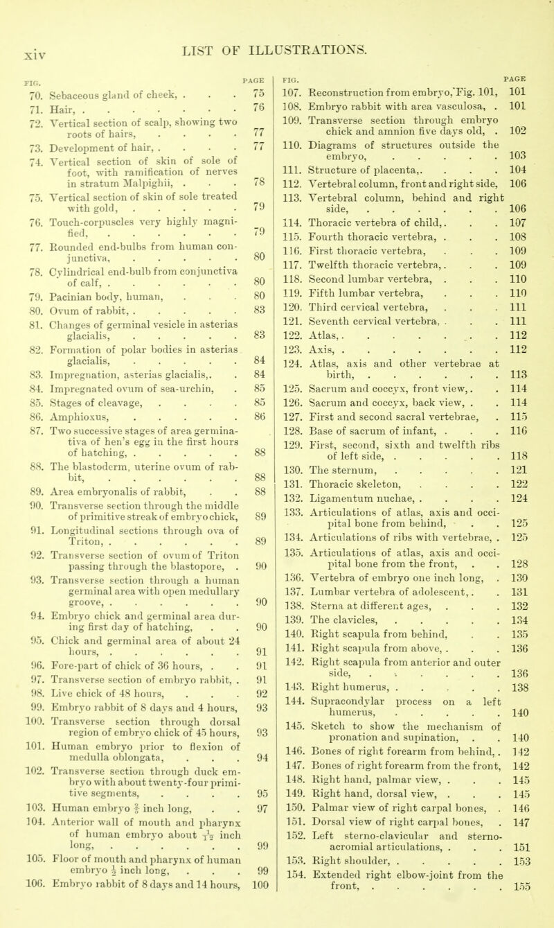 70. Sebaceous gland of cheek, ... 75 71. Hair, 76 72. Vertical section of scalp, showing two roots of hairs, .... 77 73. Development of hair, .... 77 74. Vertical section of skin of sole of foot, with ramification of nerves in stratum Malpighii, ... 78 7.5, Vertical section of skin of sole treated with gold, 79 76. Touch-corpuscles very highl}' magni- fied, 79 77. Eounded end-bulbs from human con- junctiva, ..... 80 78. Cvlindrical end-bulb from conjunctiva of calf, 80 79. Pacinian body, human, ... 80 80. Ovum of rabbit, 83 81. Changes of germinal vesicle in asterias glacialis, ..... 83 82. Formation of polar bodies in asterias glacialis, 84 83. Impregnation, asterias glacialis,. . 84 Si. Impregnated ovum of sea-urchin, . 85 85. Stages of cleavage, .... 85 86. Amphioxus, 86 87. Two sviccessive stages of area germina- tiva of hen's egg in the first hours of hatching, 88 88. The blastoderm, uterine ovum of rab- bit, 88 89. Area embryonalis of rabbit, . . 88 i)0. Transverse section through the middle of primitive streak of embr yo chick, 89 91. Longitudinal sections through ova of Triton, 89 92. Transverse section of ovum of Triton passing through the blastopore, . 90 93. Transverse section through a human germinal area with open medullary groove, 90 94. Embryo chick and germinal area dur- ing first day of hatching, . . 90 95. Chick and germinal area of about 24 hours, .91 96. Fore-part of chick of 36 hours, . . 91 97. Transverse section of embryo rabbit, . 91 98. Live chick of 48 hours, ... 92 99. Embryo rabbit of 8 days and 4 hours, 93 100. Transverse section through doisal l egion of embryo chick of 45 hours, 93 101. Human embryo prior to flexion of medulla oblongata, ... 94 102. Transverse section through duck em- bryo with about twenty-four primi- tive segments, . . . .95 103. Human embryo f inch long, . . 97 104. Anterior wall of mouth and pharynx of human embrvo about j.- inch long, . .  . . '. .99 105. Floor of moutli and pharynx of human embryo }, inch long, ... 99 106. Embryo rabbit of 8 days and 14 hours, 100 FIG. PAGE 107. Reconstruction from embryo,Fig. 101, 101 108. Embryo rabbit with area vasculosa, . 101 109. Transverse section through embryo chick and amnion five days old, . 102 110. Diagrams of structures outside the embryo, ..... 103 111. Structure of placenta,. . . . 104 112. Vertebral column, front and right side, 106 113. Vertebral column, behind and right side, 106 114. Thoracic vertebra of child,. . . 107 115. Fourth thoracic vertebra, . . . 108 116. First thoracic vertebra, . . 109 117. Twelfth thoracic vertebra,. . .109 118. Second lumbar vertebra, . . , 110 119. Fifth lumbar vertebra, . . .110 120. Third cervical vertebra, . . . Ill 121. Seventh cervical vertebra, . . . Ill 122. Atlas, .112 123. Axis, 112 124. Atlas, axis and other vertebrae at birth, 113 125. Sacrum and coccyx, front view,. . 114 126. Sacrum and coccyx, back view, . . 114 127. First and second sacral vertebrae, . 115 128. Base of sacrum of infant, . . . 110 129. First, second, sixth and twelfth ribs of left side, 118 130. The sternum, 121 131. Thoracic skeleton, . . . .122 132. Ligamentum nuchae, .... 124 133. Articulations of atlas, axis and occi- pital bone from behind, . .125 134. Articulations of ribs with vertebrae, . 125 135. Articulations of atlas, axis and occi- pital bone from the front, . . 128 136. Vertebra of embryo one inch long, . 130 137. Lumbar vertebra of adolescent,. . 131 138. Sterna at different ages, . . .132 139. The clavicles, 134 140. Right scapula from behind, . . 135 141. Right scapula from above, . . . 136 142. Right scapula from anterior and outer side, 136 143. Right humerus, 138 144. Supracondylar process on a left humerus, ..... 140 145. Sketch to show the mechanism of pronation and supination, . . 140 146. Bones of right forearm from behind, . 142 147. Bones of right forearm from the front, 142 148. Right hand, palmar view, . . . 145 149. Right hand, dorsal view, . . . 145 150. Palmar view of right carpal bones, . 146 151. Dorsal view of right cari)al bones, . 147 152. Left sterno-clavicular and sterno- acromial articulations, . . . 151 153. Right shoulder, 1.53 154. Extended right elbow-joint from the front, ...... 155