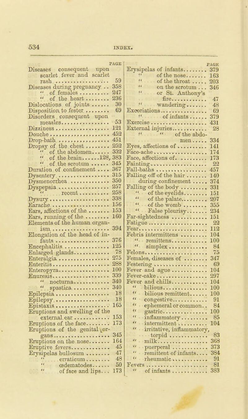 PAGE Diseases consequent upon scarlet fever and scarlet rash 59 Diseases during pregnancy .. 358  of females 247  of the heai-fc 236 Dislocations of joints 30 Disposition to fester 69 Disorders consequent upon measles 53 Dizziness 121 Douche 452 Drop-bath 451 Dropsy of the chest 252  of the abdomen 332  of the brain 128, 383  of the scrotum 345 Duration of confinement .... 367 Dysentery 315 Dysmenorrhea 350 Dyspepsia 257  recent 258 Dysury 338 Earache 156 Ears, affections of the 153 Bars, running of the 160 Elements of the human organ- ism 394 Elongation of the head of in- fants 376 Encephalitis 125 Enlai-ged glands 78 Enteralgia 275 Enteritis 288 Enteropyra 100 Enuresis 339  nocturna 340 '/ spastica 340 Epilepsia 18 Epilepsy 18 Epistaxis 165 Eruptions and s'welling of the external ear 153 Eruptions of the face 173 Eruptions of the genital ^^or- gans 345 Eruptions on the nose 164 Eruptive fevers 45 Erysipelas buUosum 47  crraticum 48  cedematodes 50  of face and lips... 173 PAGK Eiysipelas of infants 379 of the nose 163  of the throat . 203  on the scrotum ... 346  or St. Anthony's fire 47  wandering 48 Excoriations 69 of infants 379 Exercise 431 External injuries 28 of the abdo- men 334 Eyes, affections of 141 Face-aclie 174 Face, affections of 173 Fainting 22 Fall-baths 457 FaUing off of the hair 140 during confinement 374 Falling of the body 331  of the eyelids 151  of the palate 207  of the womb 355  False pleurisy 234 Far-sightedness 151 Fatigue 22 Fear 112 Febris intermittens 104  remittens 100  simplex 84 Felons 75 Females, diseases of 347 Festering 69 Fever and ague 104 Fever-cake 297 Fever and chills 104 bilious 100 bilious remittent 100 congestive 91 ephemeral or common.. 84 gastric 100 inflammatory 85 intermittent 104 irritative, inflammatory, torpid 83 milk 368 puerperal 373 remittent of infants.... 384 rheimaatic 91 Fevers 81  of infants 383