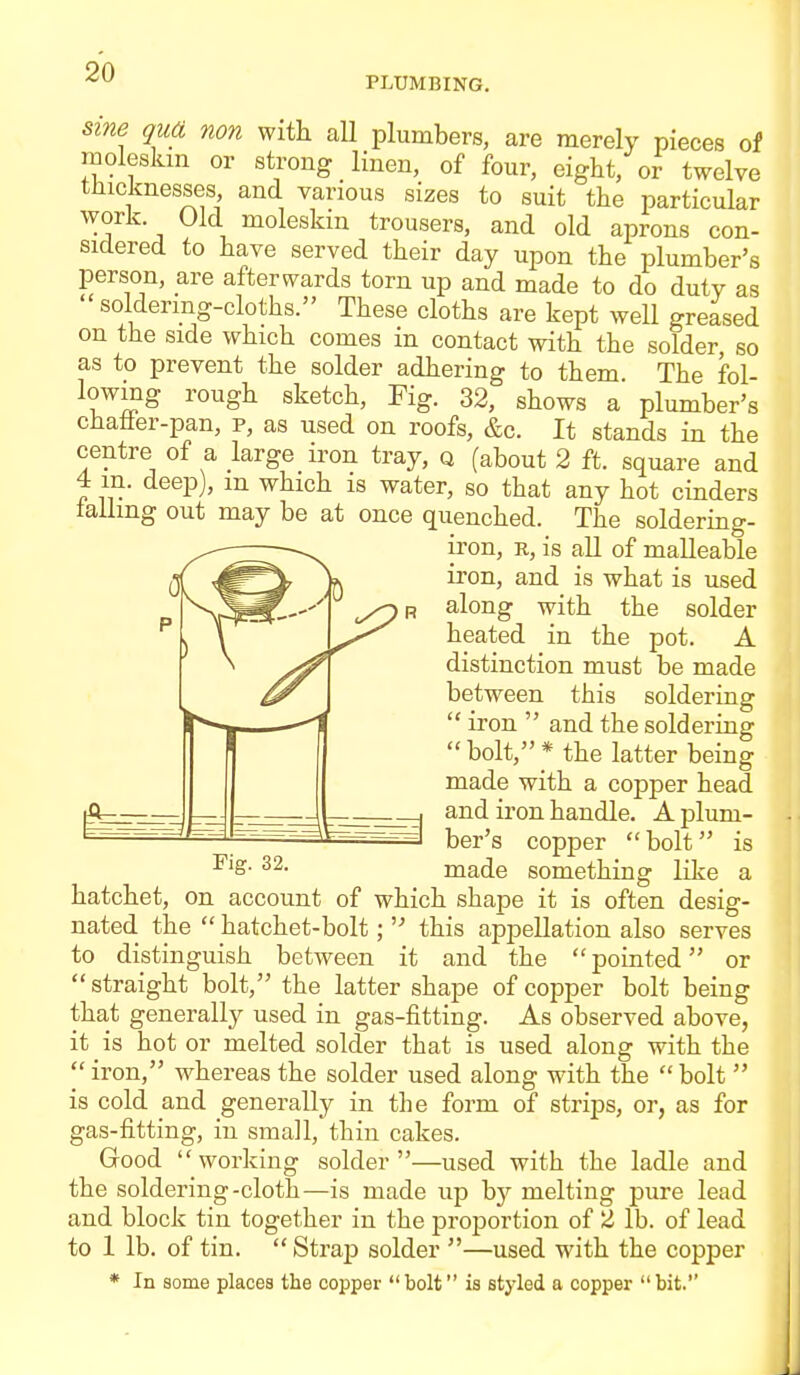 PLUMBING. szne qua non with all plumbers, are merely pieces of moleskin or strong linen, of four, eight, or twelve tJiicknesses and various sizes to suit the particular work Old moleskin trousers, and old aprons con- sidered to have served their day upon the plumber's person, are afterwards torn up and made to do duty as soldermg-cloths. These cloths are kept well greased on the side which comes in contact with the solder, so as to prevent the solder adhering to them The fol- lowing rough sketch. Fig. 32, shows a plumber's chaffer-pan, p, as used on roofs, &c. It stands in the centre of a large iron tray, q (about 2 ft. square and 4 m. deep), m which is water, so that any hot cinders tailing out may be at once quenched. The soldering- iron, R, is all of malleable iron, and is what is used along with the solder heated in the pot. A distinction must be made between this soldering  iron  and the soldering bolt,* the latter being made with a copper head and iron handle. A plum- ber's copper bolt is ■^^S- made something like a hatchet, on account of which shape it is often desig- nated the  hatchet-bolt;this appellation also serves to distinguish between it and the pointed or  straight bolt, the latter shape of copper bolt being that generally used in gas-fitting. As observed above, it is hot or melted solder that is used along with the  iron, whereas the solder used along with the  bolt  is cold and generally in the form of strips, or, as for gas-fitting, in small, thin cakes. Good working solder—used with the ladle and the soldering-cloth—is made up b}^ melting pure lead and block tin together in the proportion of 2 lb. of lead to 1 lb. of tin.  Strap solder —used with the copper * In some places the copper bolt is styled a copper bit.