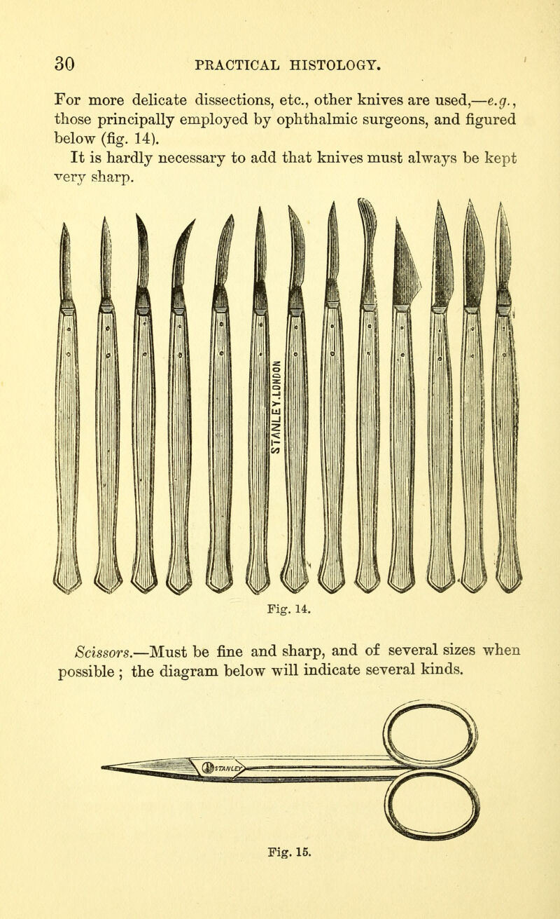 For more delicate dissections, etc., other knives are used,—e.g.^ those principally employed by ophthalmic surgeons, and figured below (fig. 14). It is hardly necessary to add that knives must always be kept very sharp. Fig. 14. Scissors.—M-U^i be fine and sharp, and of several sizes when possible ; the diagram below will indicate several kinds. Fig. 16.