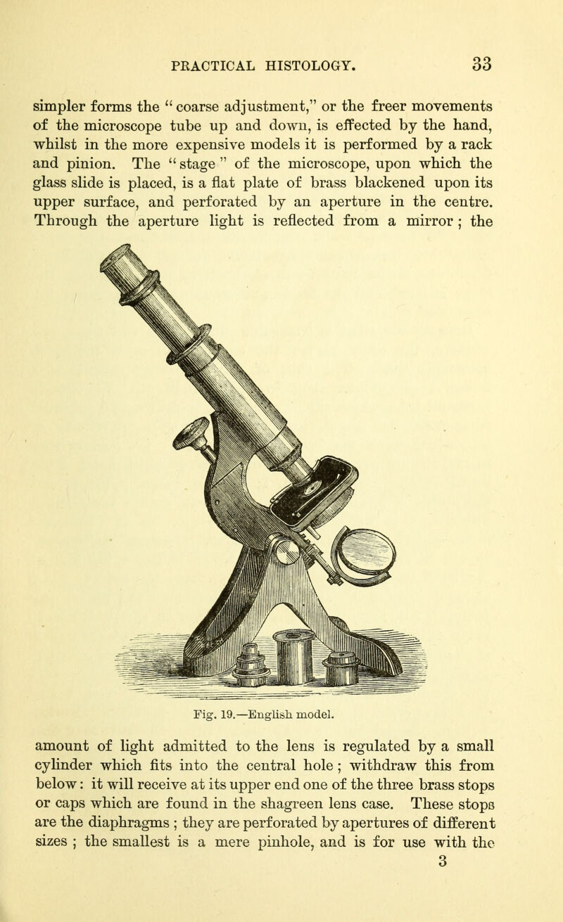 simpler forms the coarse adjustment, or the freer movements of the microscope tube up and down, is effected by the hand, whilst in the more expensive models it is performed by a rack and pinion. The  stage  of the microscope, upon which the glass slide is placed, is a flat plate of brass blackened upon its upper surface, and perforated by an aperture in the centre. Through the aperture light is reflected from a mirror ; the Fig. 19.—English model. amount of light admitted to the lens is regulated by a small cylinder which fits into the central hole; withdraw this from below: it will receive at its upper end one of the three brass stops or caps which are found in the shagreen lens case. These stops are the diaphragms ; they are perforated by apertures of different sizes ; the smallest is a mere pinhole, and is for use with the 3