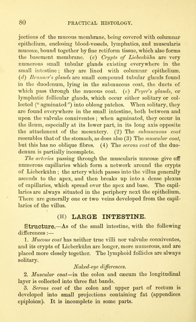 jections of the mucous membrane, being covered with columnar epithelium, enclosing blood-vessels, lymphatics, and muscularis mucos^B, bound together by fine retiform tissue, which also forms the basement membrane, (c) Crypts of Lieherkilhn are very numerous small tubular glands existing everywhere in the small intestine; they are lined with columnar epithelium. (d) Briumer's glands are small compound tubular glands found in the duodenum, lying in the submucous coat, the ducts of which pass through the mucous coat, (e) Peyer^s glands^ or lymphatic follicular glands, which occur either solitary or col- lected ( agminated ) into oblong patches. When solitary, they are found everywhere in the small intestine, both between and upon the valvulae conniventes ; when agminated, they occur in the ileum, especially at its lower part, in its long axis opposite the attachment of the mesentery. (2) The suhmucuous coat resembles that of the stomach, as does also (3) The muscular coat, but this has no oblique fibres. (4) The serous coat of the duo- denum is partially incomplete. The arteries passing through the muscularis mucosae give off numerous capillaries which form a network around the crypts of Lieberkuhn ; the artery which passes into the villus generally ascends to the apex, and then breaks up into a dense plexus of capillaries, which spread over the apex and base. The capil- laries are always situated in the periphery next the epithelium. There are generally one or two veins developed from the capil- laries of the villus. (H) LARGE INTESTINE. Structure.—As of the small intestine, with the following differences:— 1. Mucous coat has neither true villi nor valvulse conniventes, and its crypts of Lieberkuhn are longer, more numerous, and are placed more closely together. The lymphoid follicles are always solitary. Naked-eye differences. 2. Muscular coat—in the colon and caecum the longitudinal layer is collected into three flat bands. 3. Serous coat of the colon and upper part of rectum is developed into small projections containing fat (appendices epiploicae). It is incomplete in some parts.