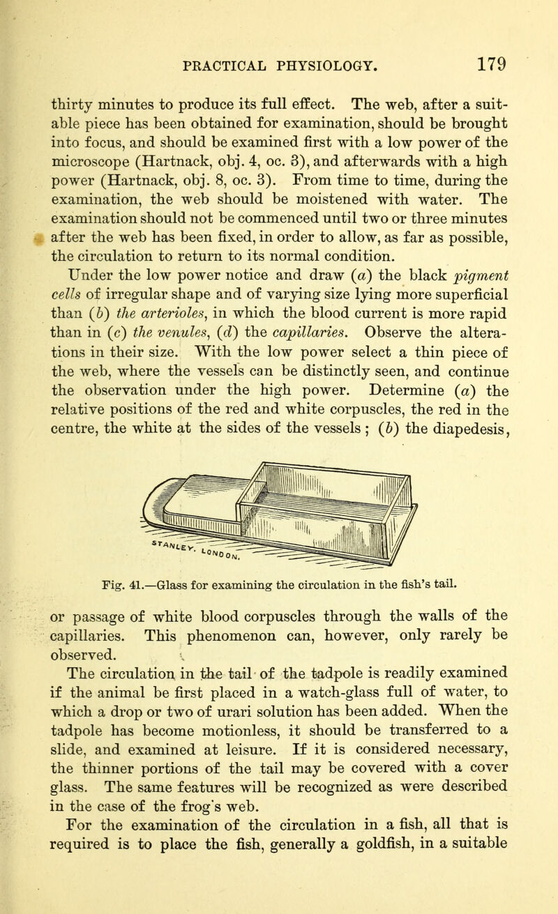 thirty minutes to produce its full effect. The web, after a suit- able piece has been obtained for examination, should be brought into focus, and should be examined first with a low power of the microscope (Hartnack, obj. 4, oc. 3), and afterwards with a high power (Hartnack, obj. 8, oc. 3). From time to time, during the examination, the web should be moistened with water. The examination should not be commenced until two or three minutes after the web has been fixed, in order to allow, as far as possible, the circulation to return to its normal condition. Under the low power notice and draw (a) the black pigment cells of irregular shape and of varying size lying more superficial than (5) the arterioles^ in which the blood current is more rapid than in (c) the venules^ (d) the capillaries. Observe the altera- tions in their size. With the low power select a thin piece of the web, where the vessels can be distinctly seen, and continue the observation under the high power. Determine (a) the relative positions of the red and white corpuscles, the red in the centre, the white at the sides of the vessels ; (&) the diapedesis, Fig. 41.—Glass for examining the circulation in the fish's tail. or passage of white blood corpuscles through the walls of the capillaries. This phenomenon can, however, only rarely be observed. The circulation in the tail of the tadpole is readily examined if the animal be first placed in a watch-glass full of water, to which a drop or two of urari solution has been added. When the tadpole has become motionless, it should be transferred to a slide, and examined at leisure. If it is considered necessary, the thinner portions of the tail may be covered with a cover glass. The same features will be recognized as were described in the case of the frog's web. For the examination of the circulation in a fish, all that is required is to place the fish, generally a goldfish, in a suitable