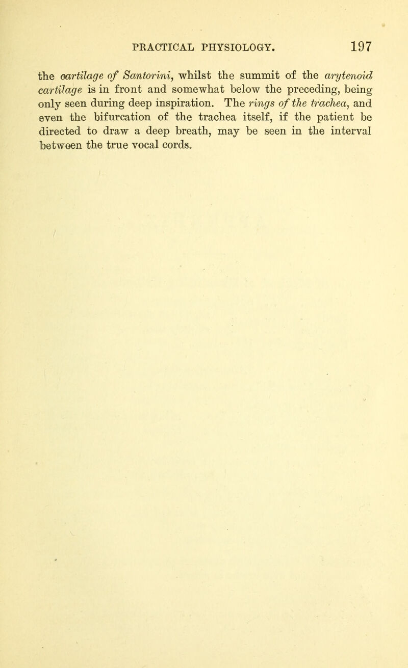 the oartilage of Santorini, whilst the summit of the arytenoid cartilage is in front and somewhat below the preceding, being only seen during deep inspiration. The rings of the trachea^ and even the bifurcation of the trachea itself, if the patient be directed to draw a deep breath, may be seen in the interval between the true vocal cords.
