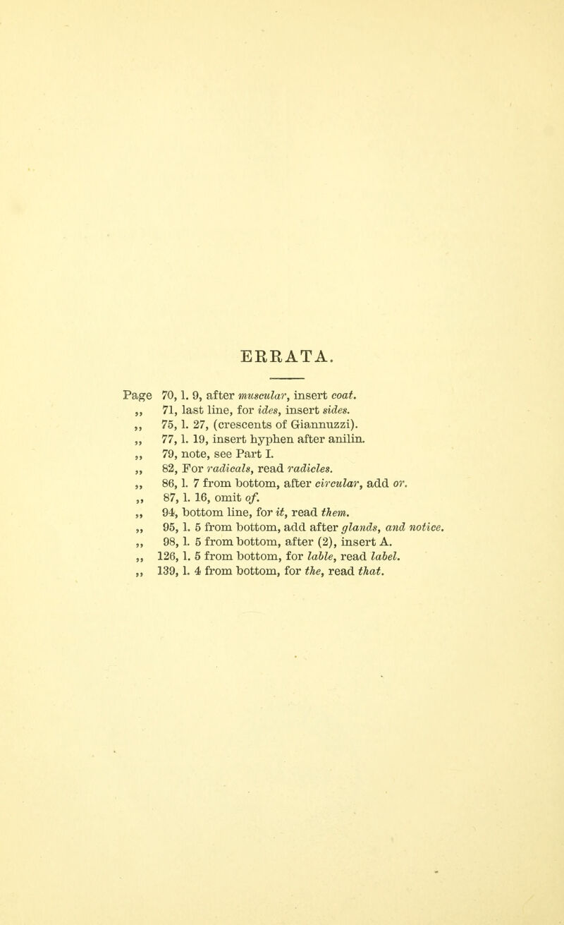 ERRATA. Page 70,1. 9, after muscular, insert coat. 71, last line, for ides, insert sides. „ 75,1. 27, (crescents of Gia,nnuzzi). 77,1. 19, insert hyphen after anilin. 79, note, see Part 1. 82, For radicals, read radicles. „ 86,1. 7 from bottom, after circular, add or. „ 87, 1. 16, omit of. „ 94, bottom line, for it, read them. „ 95, 1. 5 from bottom, add after glands, and notice. „ 98,1. 5 from bottom, after (2), insert A. ,, 126, 1. 5 from bottom, for table, read label. „ 139, L 4 from bottom, for the, read that.