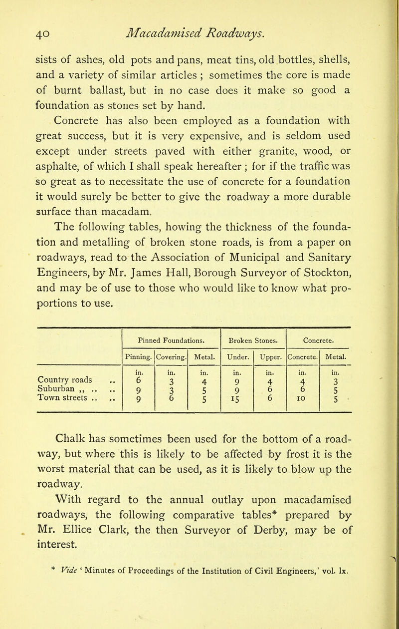sists of ashes, old pots and pans, meat tins, old bottles, shells, and a variety of similar articles ; sometimes the core is made of burnt ballast, but in no case does it make so good a foundation as stones set by hand. Concrete has also been employed as a foundation with great success, but it is very expensive, and is seldom used except under streets paved with either granite, wood, or asphalte, of which I shall speak hereafter ; for if the traffic was so great as to necessitate the use of concrete for a foundation it would surely be better to give the roadway a more durable surface than macadam. The following tables, howing the thickness of the founda- tion and metalling of broken stone roads, is from a paper on roadways, read to the Association of Municipal and Sanitary Engineers, by Mr. James Hall, Borough Surveyor of Stockton, and may be of use to those who would like to know what pro- portions to use. Pinned Foundations. Broken Stones. Concrete. Pinning. Covering. Metal. Under. Upper. Concrete. Metal. in. in. in. in. in. in. in. Country roads 6 3 4 9 4 4 3 Suburban .. 9 3 5 9 6 6 5 Town streets 9 6 5 15 6 IO 5 Chalk has sometimes been used for the bottom of a road- way, but where this is likely to be affected by frost it is the worst material that can be used, as it is likely to blow up the roadway. With regard to the annual outlay upon macadamised roadways, the following comparative tables* prepared by Mr. Ellice Clark, the then Surveyor of Derby, may be of interest. * Vide ' Minutes of Proceedings of the Institution of Civil Engineers,' vol. Ix.