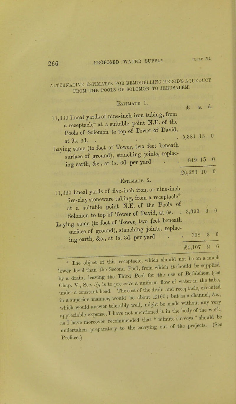 PROPOSED WATER SUPPLY [Chav .VI. iLTMATlVE ESTIMATES EOR REMODELLING HEROD'S AQUEDUCT FROM THE POOLS OF SOLOMON TO JERUSALEM. 5,381 15 0 849 15 0 Estimate 1. 11,330 lineal yards of nine-inch iron tubing, from a receptacle* at a suitable point N.E. of the Pools of Solomon to top of Tower of David, at 9s. Gd * Laying same (to foot of Tower, two feet beneath surface of ground), stanching joints, replac- ing earth, &c, at Is. 6d. per yard. £6,231 10 0 Estimate S. 11 330 lineal yards of five-inch iron, or nine-inch fire-clay stoneware tubing, from a receptacle ' at a suitable point N.B. of the Pools of . Solomon to top of Tower of David, at 6s. . 3,3JJ Laying same (to foot of Tower, two feet beneath surface of ground), stanching joints, replac- ing earth, &c, at Is. 3d. per yard . . £4,107 2 0 10WC, level in the Second Pool, from Which it by a drain, leaving the Third Pool for the use of Bethleem>» Ohap V., Sec. 5), is to preserve a uniform flow of water m the tube, 2£ a instant 'bead. The cost of the drain and roccptac o, executed in a superior manner, would be about X1G0; but as a channel, 4c, would answer tolerably well, might be made appreciable expense, I have not mentioned it in the body o £ as I have moreover recommended that « mmute surveys should be llcrtakcn preparatory to the carrying out of the project, (Sec Preface.)