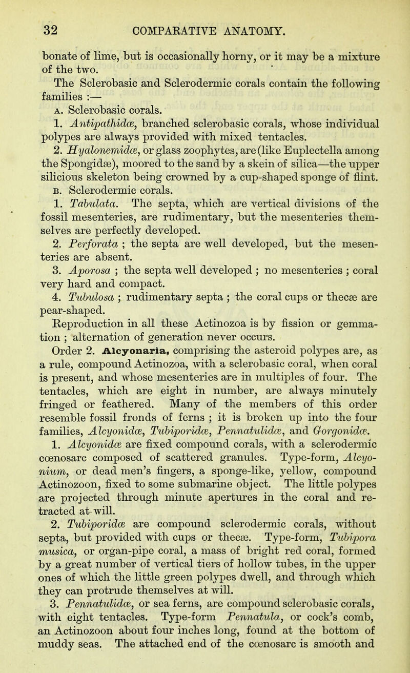 bonate of lime, but is occasionally horny, or it may be a mixture of the two. The Sclerobasic and Sclerodermic corals contain the following families :— A. Sclerobasic corals. 1. Antipathidoe, branched sclerobasic corals, whose individual polypes are always provided with mixed tentacles. 2. Hyalonemidce, or glass zoophytes, are (like Euplectella among the Spongidse), moored to the sand by a skein of silica—the upper silicious skeleton being crowned by a cup-shaped sponge of flint. B. Sclerodermic corals. 1. Tahulata. The septa, which are vertical divisions of the fossil mesenteries, are rudimentary, but the mesenteries them- selves are perfectly developed. 2. Perforata ; the septa are well developed, but the mesen- teries are absent. 3. Aporosa ; the septa well developed ; no mesenteries ; coral very hard and compact. 4. Tuhulosa ; rudimentary septa ; the coral cups or thecse are pear-shaped. Reproduction in all these Actinozoa is by fission or gemma- tion ; alternation of generation never occurs. Order 2. Alcyonaria, comprising the asteroid potypes are, as a rule, compound Actinozoa, with a sclerobasic coral, when coral is present, and whose mesenteries are in multiples of four. The tentacles, which are eight in number, are always minutely fringed or feathered. Many of the members of this order resemble fossil fronds of ferns ; it is broken up into the four families, Alcyonidoe, Tuhiporidm, Pennatulidoi, and Qorgonidce, 1. Alcyonidce are fixed compound corals, with a sclerodermic coenosarc composed of scattered granules. Type-form, Alcyo- nium, or dead men's fingers, a sponge-like, yellow, compound Actinozoon, fixed to some submarine object. The little polypes are projected through minute apertures in the coral and re- tracted at will. 2. TubiporidcE are compound sclerodermic corals, without septa, but provided with cups or thec{3e. Type-form, Tuhipora musica, or organ-pipe coral, a mass of bright red coral, formed by a great number of vertical tiers of hollow tubes, in the upper ones of which the little green polypes dwell, and through which they can protrude themselves at will. 3. Fennatulidce, or sea ferns, are compound sclerobasic corals, with eight tentacles. Type-form Fennatula, or cock's comb, an Actinozoon about four inches long, found at the bottom of muddy seas. The attached end of the coenosarc is smooth and