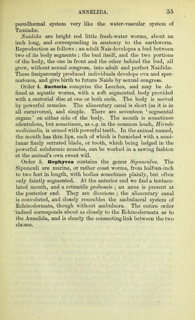 pseudhaemal system very like the water-vascular system of Tseniadse. NaididiX, are bright red little fresh-water worms, about an inch long, and corresponding in anatomy to the earthworm. Reproduction as follows : an adult Nais developes a bud between two of its body segments ; the bud itself, and the two portions of the body, the one in front and the other behind the bud, all grow, without sexual congress, into adult and perfect Naididse. These fissiparously produced individuals develope ova and sper- matozoa, and give birth to future Naids by sexual congress. Order 4. Suctoria comprise the Leeches, and may be de- fined as aquatic worms, with a soft segmented body provided with a suctorial disc at one or both ends. The body is moved by powerful muscles. The alimentary canal is short (as it is in all carnivores), and simple. There are seventeen ' segmental organs' on either side of the body. The mouth is sometimes edentulous, but sometimes, as e.g. in the common leech, Hirudo medicinalis, is armed with powerful teeth. In the animal named, the mouth has thin lips, each of which is furnished with a semi- lunar finely serrated blade, or tooth, which being lodged in the powerful subdermic muscles, can be worked in a sawing fashion at the animal's own sweet will. Order 5. Gepbyrea contains the genus Sipunculus. The Sipunculi are marine, or rather coast worms, from half^n-inch to two feet in length, with bodies sometimes plainly, but often only faintly segmented. At the anterior end we find a tentacu- lated mouth, and a retractile proboscis ; an anus is present at the posterior end. They are dioecious ; the alimentary canal is convoluted, and closely resembles the ambulacral system of Echinodermata, though without ambulacra. The entire order 'indeed corresponds about as closely to the Echinodermata as to the Annelida, and is clearly the connecting link between the two classes.