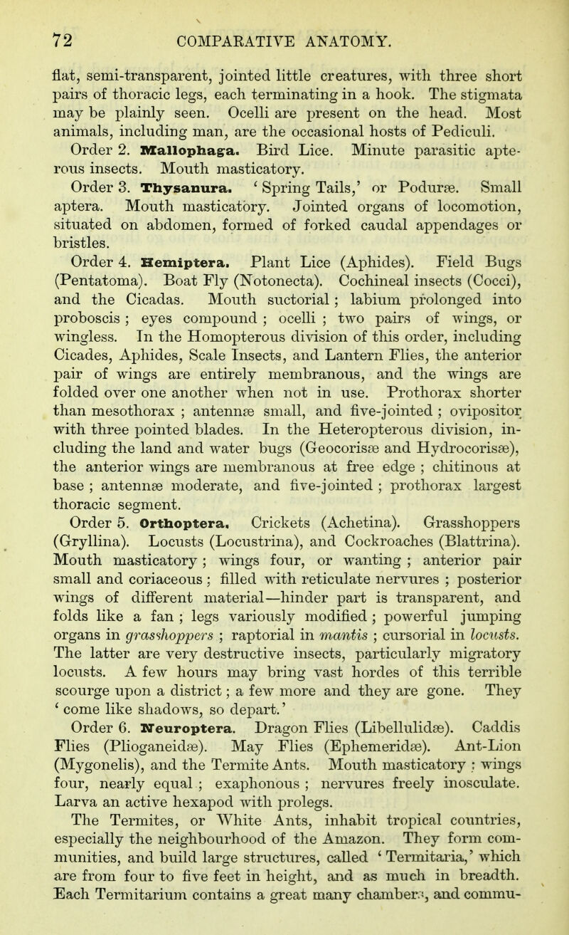 flat, semi-transparent, jointed little creatures, with three short pairs of thoracic legs, each terminating in a hook. The stigmata may be plainly seen. Ocelli are present on the head. Most animals, including man, are the occasional hosts of Pediculi. Order 2. Mallopliag^a. Bird Lice. Minute parasitic apte- rous insects. Mouth masticatory. Order 3. Thysanura. ^ Spring Tails,' or Podurae. Small aptera. Mouth masticatory. Jointed organs of locomotion, situated on abdomen, formed of forked caudal appendages or bristles. Order 4. Hemiptera. Plant Lice (Aphides). Field Bugs (Pentatoma). Boat Fly (Notonecta). Cochineal insects (Cocci), and the Cicadas. Mouth suctorial; labium prolonged into proboscis ; eyes compound ; ocelli ; two pairs of wings, or wingless. Tn the Homopterous division of this order, including Cicades, Aphides, Scale Insects, and Lantern Flies, the anterior pair of wings are entirely membranous, and the wings are folded over one another when not in use. Prothorax shorter than mesothorax ; antennse small, and five-jointed ; ovipositor with three pointed blades. In the Heteropterous division, in- cluding the land and water bugs (Geocorisse and Hydrocorisae), the anterior wings are membranous at free edge ; cliitinons at base ; antennae moderate, and five-jointed ; prothorax largest thoracic segment. Order 5. Orthoptera, Crickets (Achetina). Grasshoppers (Gryllina). Locusts (Locustrina), and Cockroaches (Blattrina). Mouth masticatory ; wings four, or wanting ; anterior pair small and coriaceous ; filled with reticulate nervures ; posterior wings of diff'erent material—hinder part is transparent, and folds like a fan ; legs variously modified ; powerful jumping organs in grasshoppers ; raptorial in mantis ; cursorial in locusts. The latter are very destructive insects, particularly migratory locusts. A few hours may bring vast hordes of this terrible scourge upon a district; a few more and they are gone. They ^ come like shadows, so depart.' Order 6. Weuroptera. Dragon Flies (Libellulidas). Caddis Flies (Plioganeidae). May Flies (Ephemeridae). Ant-Lion (Mygonelis), and the Termite Ants. Mouth masticatory : wings four, nearly equal ; exaphonous ; nervures freely inosculate. Larva an active hexapod with prolegs. The Termites, or White Ants, inhabit tropical countries, especially the neighbourhood of the Amazon. They form com- munities, and build large structures, called ' Termitaria,' which are from four to five feet in height, and as much in breadth. Each Termitarium contains a great many chamber.^, and commu-