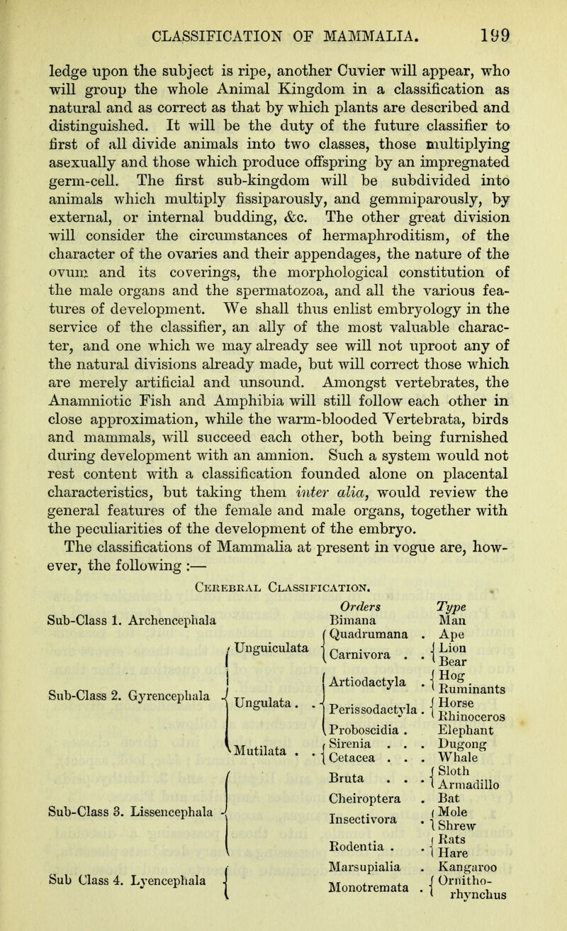 ledge upon the subject is ripe, another Cuvier will appear, who will group the whole Animal Kingdom in a classification as natural and as correct as that by which plants are described and distinguished. It will be the duty of the future classifier to first of all divide animals into two classes, those multiplying asexually and those which produce ofispring by an impregnated germ-cell. The first sub-kingdom will be subdivided into animals which multiply fissiparously, and gemmij)arously, by external, or internal budding, &c. The other great division will consider the circumstances of hermaphroditism, of the character of the ovaries and their appendages, the nature of the ovum and its coverings, the morphological constitution of the male organs and the spermatozoa, and all the various fea- tures of development. We shall thus enlist embryology in the service of the classifier, an ally of the most valuable charac- ter, and one which we may already see will not uproot any of the natural divisions already made, but will correct those which are merely artificial and unsound. Amongst vertebrates, the Anamniotic Fish and Amphibia will still follow each other in close approximation, while the warm-blooded Yertebrata, birds and mammals, will succeed each other, both being furnished during development with an amnion. Such a system would not rest content with a classification founded alone on placental characteristics, but taking them i7ite7' alia, would review the general features of the female and male organs, together with the peculiarities of the development of the embryo. The classifications of MammaKa at present in vogue are, how- ever, the following:— Cerebral Classification. Sub-Class 1. Archencephala Orders Bimana Quadrumana Man Ape / Unguiculata Artiodactyla * ^ Euminants i Horse * ^ Rhinoceros Elephant . Dugong . Whale f Sloth ' 1 Armadillo . Bat (Mole * t Shrew j Rats * 1 Hare . Kangaroo Sub-Class 2. Gyrencephala h Ungulata. Sub-Class 3. Lissencephala - ^Mutilata . Peris sodactyla. Proboscidia . Sirenia . . . Cetacea . . . Bruta . . . Cheiroptera Insectivora Sub Class 4. r. Lyencephala Rodentia . Marsupialia Monotremata