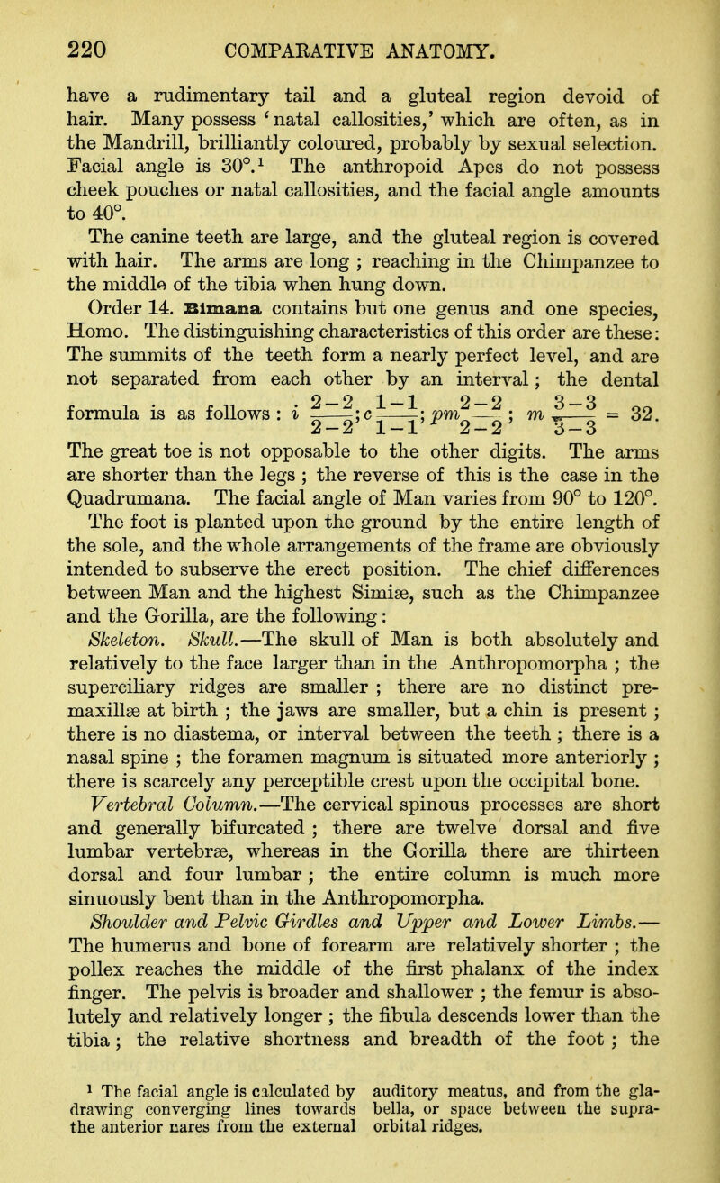have a rudimentary tail and a gluteal region devoid of hair. Many possess ^ natal callosities/which, are often, as in the Mandrill, brilliantly coloured, probably by sexual selection. Facial angle is 30°.^ The anthropoid Apes do not possess cheek pouches or natal callosities, and the facial angle amounts to 40° The canine teeth are large, and the gluteal region is covered with hair. The arms are long ; reaching in the Chimpanzee to the middl*^ of the tibia when hung down. Order 14. Slmana contains but one genus and one species, Homo. The distinguishing characteristics of this order are these: The summits of the teeth form a nearly perfect level, and are not separated from each other by an interval; the dental formula is as follows: i ^-^;c j^; ^m^—^ ; m ^ ~^ = 32. 2 — 2 1 — 1 2 — 2 3 — 3 The great toe is not opposable to the other digits. The arms are shorter than the legs ; the reverse of this is the case in the Quadrumana. The facial angle of Man varies from 90° to 120°. The foot is planted upon the ground by the entire length of the sole, and the whole arrangements of the frame are obviously intended to subserve the erect position. The chief differences between Man and the highest Simise, such as the Chimpanzee and the Gorilla, are the following: Skeleton. Skull.—The skull of Man is both absolutely and relatively to the face larger than in the Anthropomorpha ; the superciliary ridges are smaller ; there are no distinct pre- maxillse at birth ; the jaws are smaller, but a chin is present ; there is no diastema, or interval between the teeth ; there is a nasal spine ; the foramen magnum is situated more anteriorly ; there is scarcely any perceptible crest upon the occipital bone. Vertebral Column.—The cervical spinous processes are short and generally bifurcated ; there are twelve dorsal and j&ve lumbar vertebrae, whereas in the Gorilla there are thirteen dorsal and four lumbar ; the entire column is much more sinuously bent than in the Anthropomorpha. Shoulder and Felvic Girdles and Upper and Lower Limbs.— The humerus and bone of forearm are relatively shorter ; the poUex reaches the middle of the first phalanx of the index finger. The pelvis is broader and shallower ; the femur is abso- lutely and relatively longer ; the fibula descends lower than the tibia; the relative shortness and breadth of the foot ; the 1 The facial angle is calculated by auditory meatus, and from the gla- drawing converging lines towards bella, or space between the supra- the anterior nares from the external orbital ridges.
