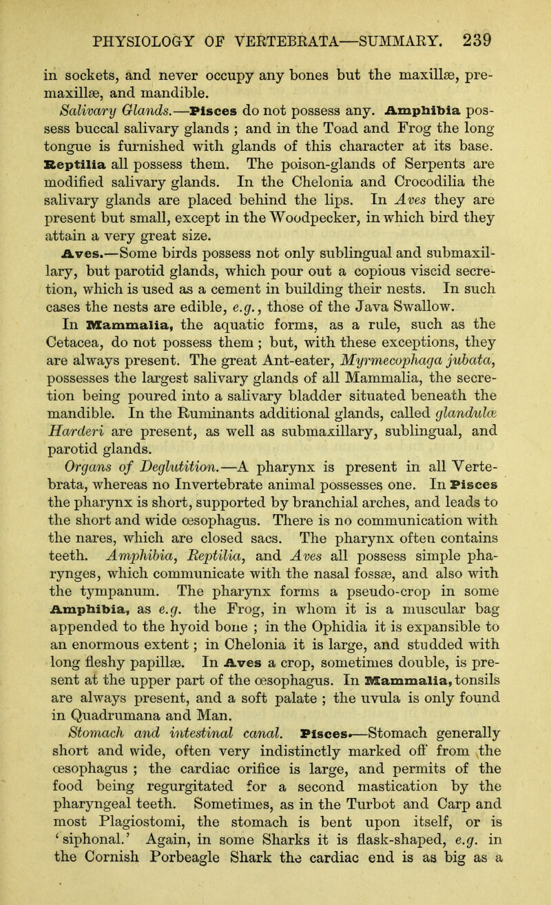 in sockets, and never occupy any bones but the maxillae, pre- maxillse, and mandible. Salivary Glands.—Pisces do not possess any. iLmpIiibia pos- sess buccal salivary glands ; and in the Toad and Frog the long tongue is furnished with glands of this character at its base. Reptilia all possess them. The poison-glands of Serpents are modified salivary glands. In the Chelonia and Crocodilia the salivary glands are placed behind the lips. In Aves they are present but small, except in the Woodpecker, in which bird they attain a very great size. iLves.—Some birds possess not only sublingual and submaxil- lary, but parotid glands, which pour out a copious viscid secre- tion, which is used as a cement in building their nests. In such cases the nests are edible, e.g., those of the Java Swallow. In IVIammaiia, the aquatic forms, as a rule, such as the Cetacea, do not possess them; but, with these exceptions, they are always present. The great Ant-eater, Myrmecophaga jubata, possesses the largest salivary glands of all Mammalia, the secre- tion being poured into a salivary bladder situated beneath the mandible. In the Ruminants additional glands, called glandulw Harderi are present, as well as submaxillary, sublingual, and parotid glands. Organs of Deglutition.—A pharynx is present in all Yerte- brata, whereas no Invertebrate animal possesses one. In Pisces the pharynx is short, supported by branchial arches, and leads to the short and wide oesophagus. There is no communication with the nares, which are closed sacs. The pharynx often contains teeth. Amphibia, Reptilia, and Aves all possess simple pha- rynges, which communicate with the nasal fossae, and also wixh the tympanum. The pharynx forms a pseudo-crop in some Ampliibia, as e.g. the Frog, in whom it is a muscular bag appended to the hyoid bone ; in the Ophidia it is expansible to an enormous extent; in Chelonia it is large, and studded with long fleshy papillae. In iLves a crop, sometimes double, is pre- sent at the upper part of the oesophagus. In Mammalia, tonsils are always present, and a soft palate ; the uvula is only found in Quadrumana and Man. Stomach and intestinal canal. Pisces*—Stomach generally short and wide, often very indistinctly marked ofi* from the oesophagus ; the cardiac orifice is large, and permits of the food being regurgitated for a second mastication by the pharyngeal teeth. Sometimes, as in the Turbot and Carp and most Plagiostomi, the stomach is bent upon itself, or is 'siphonaL' Again, in some Sharks it is flask-shaped, e.g. in the Cornish Porbeagle Shark the cardiac end is as big as a