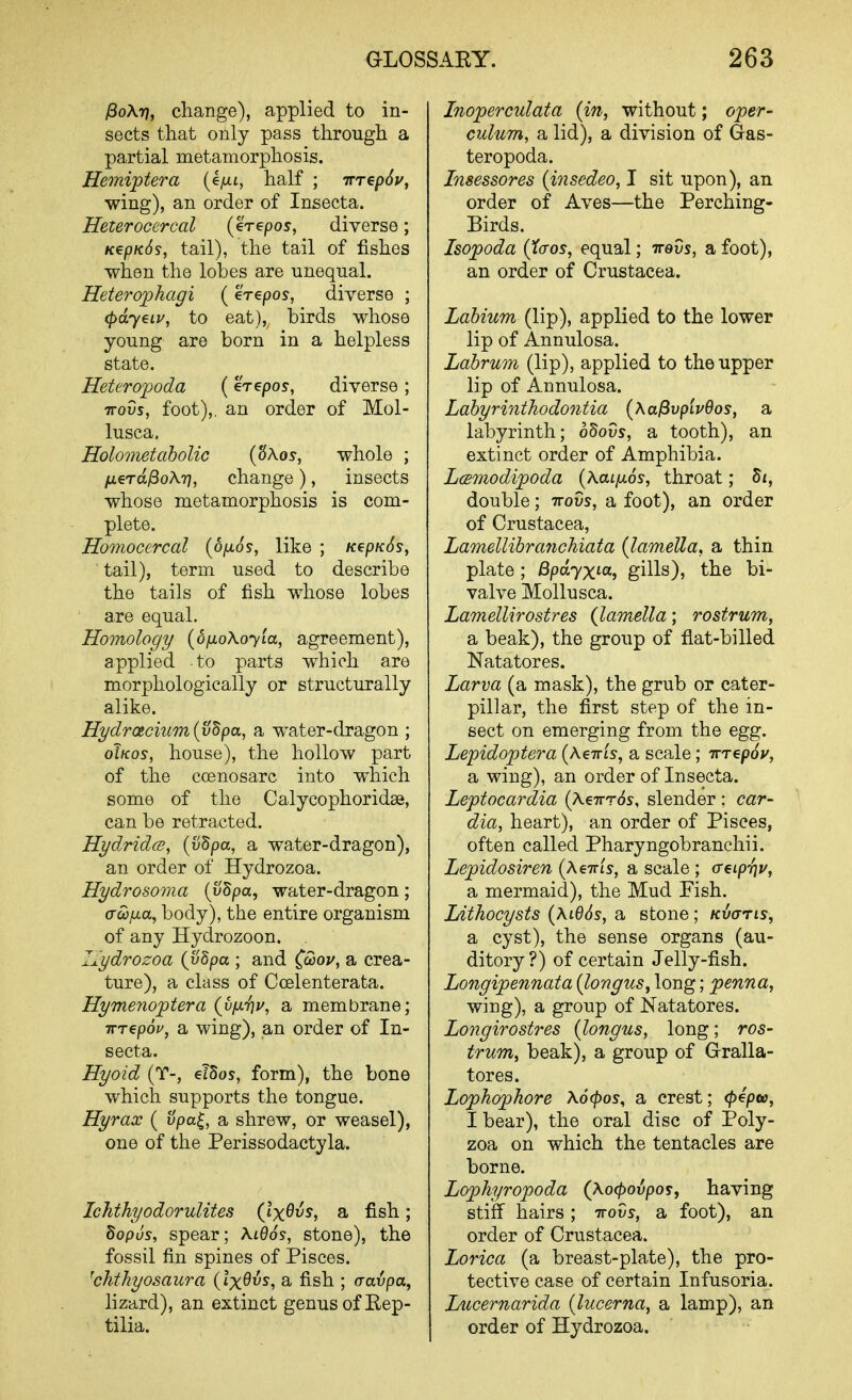 /80A77, change), applied to in- sects that only pass through a partial metamorphosis. Hemiptera (e/xi, half ; TrrepSy, wing), an order of Insecta. Heterocercal (erepos, diverse; K€pK6s, tail), the tail of fishes when the lobes are unequal. Heterophagi (erepos, diverse ; (pdyeLv, to eat), birds whose young are born in a helpless state. Heteropoda (erepos, diverse ; trovs, foot),, an order of Mol- lusca, Holometaholic {'6Kos, whole ; jieTa^oKi], change), insects whose metamorphosis is com- plete. Homocercal {bfxos, like ; KepKSs, tail), term used to describe the tails of fish whose lobes are equal. Homology [oixoXoyla, agreement), applied to parts which are morphologically or structurally alike. Hydrotcium{vhpa, a water-dragon ; oIkos, house), the hollow part of the ccenosarc into which some of the Calycophoridae, can be retracted. HydridcB, (u5pa, a water-dragon), an order of Hydrozoa. Hydrosoma {vBpa, water-dragon; orcofxa, body), the entire organism of any Hydrozoon. Iu.i/drozoa (^v8pa ; and ^coop, a crea- ture), a class of Ccelenterata. Hymenoptera (vfJiiiv, a membrane; irrepou, a wing), an order of In- secta. Hyoid (T-, elSos, form), the bone which supports the tongue. Hyrax ( upa|, a shrew, or weasel), one of the Perissodactyla. IchthyodoruUtes Qx^^^, a fish; hopus, spear; KiQos, stone), the fossil fin spines of Pisces. ^chthyosaura {Ix^vs, a fish ; cravpa, lizard), an extinct genus of Eep- tilia. Inoperculata {in, without; oper- culum, a lid), a division of Gas- teropoda. Insessores {msedeo, I sit upon), an order of Aves—the Perching- Birds. Isopoda {X(Tos, equal; irem, a foot), an order of Crustacea. Labium (lip), applied to the lower lip of Annulosa. Lahrum (lip), applied to the upper lip of Annulosa. Labyrinthodontia {Xa^vpivBos, a labyrinth; o^ovs, a tooth), an extinct order of Amphibia. LcBmodipoda {XaLfxos, throat; 5x, double; irovs, a foot), an order of Crustacea, Lamellibrcmchiata {lamella, a thin plate ; 6pa7xta, gills), the bi- valve Mollusca. Lamellirostres {lamella; rostrum, a beak), the group of flat-billed Natatores. Larva (a mask), the grub or cater- pillar, the first step of the in- sect on emerging from the egg. Lepidoptera {KeivLS, a scale; irrepoy, a wing), an order of Insecta. Leptocardia {XeirrSs, slender ; car- dia, heart), an order of Pisces, often called Pharyngobranchii. Lepidosiren {Ke-nis, a scale ; <TeLpi\v, a mermaid), the Mud Fish. LAthocysts {\lQ6s, a stone; Kvans, a cyst), the sense organs (au- ditory?) of certain Jelly-fish. Longipennata {longus^ long; penna, wing), a group of Natatores. Longirostres {longus, long; ros- trum, beak), a group of Gralla- tores. Lophophore Kocpos^ a crest; <pepec, I bear), the oral disc of Poly- zoa on which the tentacles are borne. Lopkyropoda {Xocpovpos, having stiff hairs; irovs, a foot), an order of Crustacea. Lorica (a breast-plate), the pro- tective case of certain Infusoria. Lucernarida {lucerna, a lamp), an order of Hydrozoa.