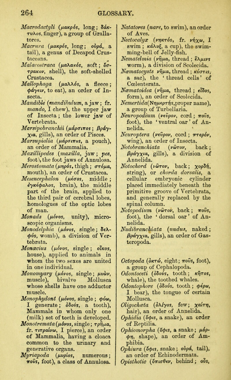 Macrodactyli (/jLaKpSs, long; 5aK- rv\o5, finger), a group of Gralla- tores. Macrura (fxaKpSs, long; oupd, a tail), a genus of Decapod Crus- fcaceans. Malaco.straca (ixaKa^Ss^ soft; oa- TpaKov, shell), the soft-shelled Crustacea. Mallophaga (fiaWSs, a fleece; (pdyeiy, to eat), an order of In- secta. Mandible (mandihulum, a jaw; fr. mando, I chew), the upper jaw of Insecta ; the lower jaw of Vertebrata. Marsipobranchii {ixdpcrnros; fipdy- X*a, gills), an order of Pisces. Marsupialia {juLapcrnrus, a pouch), an order of Mammalia. Maxillijpedes {maxilla, jaw; pes, foot), the foot jaws of Annulosa. Merostomata (iJL'np6s» thigh; (rrSfxa, mouth), an order of Crustacea. Mesencephalon [ixea-os, middle ; iyK4(pa\os, brain), the middle part of the brain, applied to the third pair of cerebral lobes, homologues of the optic lobes of man. Monads {fi6vos, unity), micro- scopic organisms. Monodelphia {ijl6vos, single; de\- (pvs, womb), a division of Ver- tebrata. Monoecius (fxSvo^, single; oT/cos, house), applied to animals in whom the two sexes are united in one individual. Monomyary {p.6vos, single; [ivhov, muscle), bivalve Mollusca whose shells have one adductor muscle. Monophydont {fiovos, single ; <pv(a, I generate; oSous, a tooth). Mammals in whom only one (milk) set of teeth is developed. Monotremata (fidvos, single; rprj/jia, fr. TiTpaivo), I pierce), an order of Mammalia, having a cloaca common to the urinary and generative organs. Myriapoda {fivpios, numerous; TTovsy foot), a class of Annulosa. Natatores {nare^ to swim), an order of Aves. Nectocalyx {pt^ktSs, fr. f^xco, I swim ; /caAu|, a cup), the swim- ming-bell of Jelly-fish. Nematelmia (yrj/xa, thread ; eXpnv^ worm), a division of Scolecida. N(Bmatocysts j/rj/xa, thread ; kvcttis, a sac), the ' thread cells' of Coelenterata. Ncematoidea {vrj/jLa, thread ; elSoy, form), an order of Scolecida. Nemertida{'N7}iJL€pT7j s,proper name), a group of Turbellaria. Neuropodiuin {y^vpou, cord ; ttovs, foot), the * ventral oar ' of An- nelida. Neuroptera (pevpop, cord ; irrepSu, wing), an order of Insecta. Notobranchiata {ycarov, back; Ppdyxiat gilJs), a division of Annelida. Notochord (pcotov, back; x^pS^, string), or chorda dorsalis, a cellular embryonic cylinder placed immediately beneath the primitive groove of Vertebrata, and generally replaced by the spinal column. Notopodium {pwtou, back; ttovs, foot), the ' dorsal oar' of An- nelida. Nudibranchiata {nudus, naked; fipdyxia, gilis), an order of Gas- teropoda. Octopoda (oKTci), eight; ttoDs, foot), a group of Cephalopoda. Odontoceti {odovs, tooth; ktitos, whale), the toothed whales. Odontophore (oBovs. tooth; <p4poc, I bear), the tongue of certain Mollusca. OligochcBta {oXlyos, few; x«it77, hair), an order of Annelida. Ophidia {ocpis, a snake), an order of Keptilia. Ophiomorpha {'ocpis, a snake; fi6p~ (j)7), shape), an order of Am- phibia. Ophiura {o<pis, snake ; ovpd, tail), an order of Echinodermata. OpisthotiG {6tti(t6€p, behind; oSs,