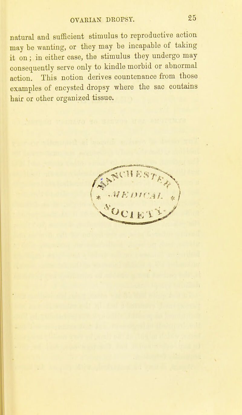 natural and sufficient stimulus to reproductive action may be wanting, or tliey may be incapable of taking it on; in either case, the stimulus they undergo may consequently serve only to kindle morbid or abnormal action. This notion derives countenance from those examples of encysted dropsy where the sac contains hair or other organized tissue.