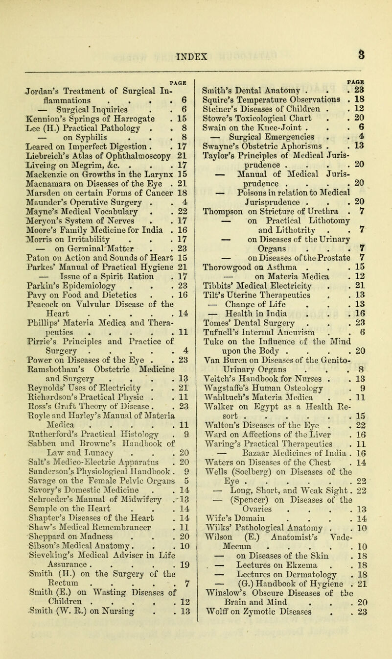 PAGE Jordan's Treatment of Surgical In- flammations .... 6 — Surgical Inquiries , . 6 Kennion's Springs of Harrogate . 15 Lee (H.) Practical Pathology . . 8 — on Syphilis . . ,8 Leared on Imperfect Digestion . . 17 Liebreich's Atlas of Ophthalmoscopy 21 liiveing on Megrim, &c. . . .17 Mackenzie on Growths in the Larynx ] 5 Macnamara on Diseases of the Eye . 21 Marsden on certain Forms of Cancer 18 Mf.under's Operative Surgery . . 4 Mayne's Medical Vocabulary . . 22 Meryon's System of Nerves . . 17 Moore's Family Medicine for India . 16 jVIorris on Irritability . . .17 — on Germinal Matter . . 23 Paton on Action and Sounds of Heart 15 Parkes' Manual of Practical Hygiene 21 — Issue of a Spirit Ration , 17 Parkin's Epidemiology . . .23 Pavy on Food and Dietetics . . 16 Peacock on Valvular Disease of the Heart 14 Phillips' Materia Medica and Thera- peutics 11 Pirrie's Principles and Practice of Surgery . . . . .4 Power on Diseases of the Eye . . 23 Ramsbotham's Obstetric Medicine and Surgery . . ' . .13 Reynolds' Uses of Electricity . . 21 R,ichardson's Practical Physic . . 11 Ross's Graft Theory of Disease . . 23 Royle raid Harley's Manual of Materia Medica 11 Rutherford's Practical HistO'Ogy . 9 Sabben and Browne's Handbook of Law and liunacy . . .20 Salt's Medico-Electric Apparatus . 20 Sanderson's Physiological Handbook . 9 Savage on the Female Pelvic Orgairs 5 Savory's Domestic Medicine . . 14 Schroeder's Manual of Midwifery .13 Semple on the Heart . . .14 Shapter's Diseases of the Heart . 14 Shaw's Medical Remembrancer . 11 Sheppard on Madness . . .20 Sibson's Medical Anatomy. . .10 Sieveking's Medical Adviser in Life Assurance 19 Smith (H.) on the Surgery of the Rectum . . . . . 7 Smith (E.) on Wasting Diseases of Children 12 .Smith (W. R.) on Nursing . . 13 PAGE Smith's Dental Anatomy . . .23 Squire's Temperature Observations . 18 Steiner's Diseases of Children . . 12 Stowe's Toxicological Chart . . 20 Swain on the Knee-Joint . . .6 — Surgical Emergencies . . 4 Swayne's Obstetric Aphorisms . . 13 Taylor's Principles of Medical Juris- prudence . . . .20 — Manual of Medical Juris- prudence . . . .20 — Poisons in relation to Medical Jurisprudence . . .20 Thompson on Stricture of Urethra . 7 — on Practical Lithotomy and Lithotrity . . 7 — on Diseases of the Urinary Organs . . .7 — on Diseases of the Prostate 7 Thorowgood on Asthma . . .15 — on Materia Medica . 12 Tibbits' Medical Electricity . . 21 Tilt's Uterine Therapeutics . . 13 — Change of Life . . .13 — Health in India . . .16 Tomes' Dental Surgery . . .23 Tufnell's Internal Aneurism . . 6 Tuke on the Influence of the Mind upon the Body . . . .20 Van Buren on Diseases of the Genito- urinary Organs . . .8 Veitch's Handbook for Nurses . . 13 Wagstaff'e's Hum.an Osteology . 9 Wahltuch's Materia Medica . . 11 Walker on Egypt as a Health Re- sort 15 Walton's Diseases of the Eye . . 22 Ward on Affections of the Liver . 16 Waring's Practical Therapeutics . 11 — Bazaar Medicines of India . 16 Waters on Diseases of the Chest . 14 Wells (Soclberg) on Diseases of the Eye 22 — Long, Short, and Weak Sight. 22 — (Spencer) on Diseases of the Ovaries . . . .13 Wife's Domain . . . .14 Wilks' Pathological Anatomy . . 10 Wilson (E.) Anatomist's Vade- Mecum 10 — on Diseases of the Skin . 18 . — Lectures on Ekzema . . 18 — Lectures on Dermatology . 18 — (G.) Handbook of Hygiene . 21 Winslow's Obscure Diseases of the Brain and Mind . . .20 Wolff on Zymotic Diseases . . 23