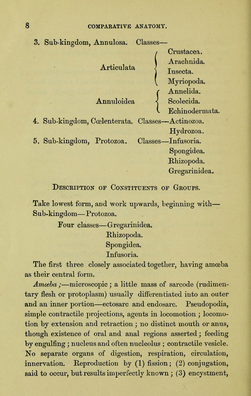 3. Sub-kingdom, Annulosa. Classes— Articulata Crustacea. Arachnida. Insecta. Annuloidea Myriopoda. Annelida. Scolecida. V. Echinodermata. 4. Sub-kingdom, Coelenterata. Classes—Actinozoa. Hydrozoa. 5. Sub-kingdom, Protozoa. Classes—Infusoria. Description of Constituents of Groups. Take lowest form, and work upwards, beginning witb— Sub-kingdom—Protozoa. Four classes—Gregarinidea. Phizopoda. Spongidea. Infusoria. The first three closely associated together, having amoeba as their central form. Amceha ;—microscopic; a little mass of sarcode (rudimen- tary flesh or protoplasm) usually differentiated into an outer and an inner portion—ectosarc and endosarc. Pseudopodia, simple contractile projections, agents in locomotion ; locomo- tion by extension and retraction; no distinct mouth or anus, though existence of oral and anal regions asserted; feeding by engulfing; nucleus and often nucleolus ; contractile vesicle. No separate organs of digestion, respiration, circulation, innervation. Peproduction by (1) fission; (2) conjugation, said to occur, but results imperfectly known; (3) encystment, Spongidea. Phizopoda. Gregarinidea-