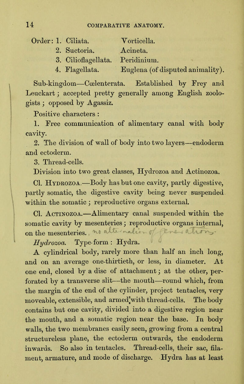 Order: 1. Ciliata. Yorticella. 2. Suctoria. Acineta. 3. Cilioflagellata. Peridinium. 4. Flagellata. Euglena (of disputed animality). Sub-kingdom—Ccelenterata. Established by Frey and Leuckart; accepted pretty generally among English zoolo- gists ; opposed by Agassiz. Positive characters : 1. Free communication of alimentary canal with body cavity. 2. The division of wall of body into two layers—endoderm and ectoderm. 3. Thread-cells. Division into two great classes, Hydrozoa and Actinozoa. CI. Hydrozoa.—Body has but one cavity, partly digestive, partly somatic, the digestive cavity being never suspended within the somatic ; reproductive orga,ns external. CI. Actinozoa.—Alimentary canal suspended within the somatic cavity by mesenteries; reproductive organs internal, on the mesenteries., ' Hydrozoa. Type-form : Hydra. A cylindrical body, rarely more than half an inch long, and on an average one-thirtieth, or less, in diameter. At one end, closed by a disc of attachment; at the other, per- forated by a transverse slit—the mouth—round which, from the margin of the end of the cylinder, project tentacles, very moveable, extensible, aud armed^with thread-cells. The body contains but one cavity, divided into a digestive region near the mouth, and a somatic region near the base. In body walls, the two membranes easily seen, growing from a central structureless plane, the ectoderm outwards, the endoderm inwards. So also in tentacles. Thread-cells, their sac, fila- ment, armature, and mode of discharge. Hydra has at least