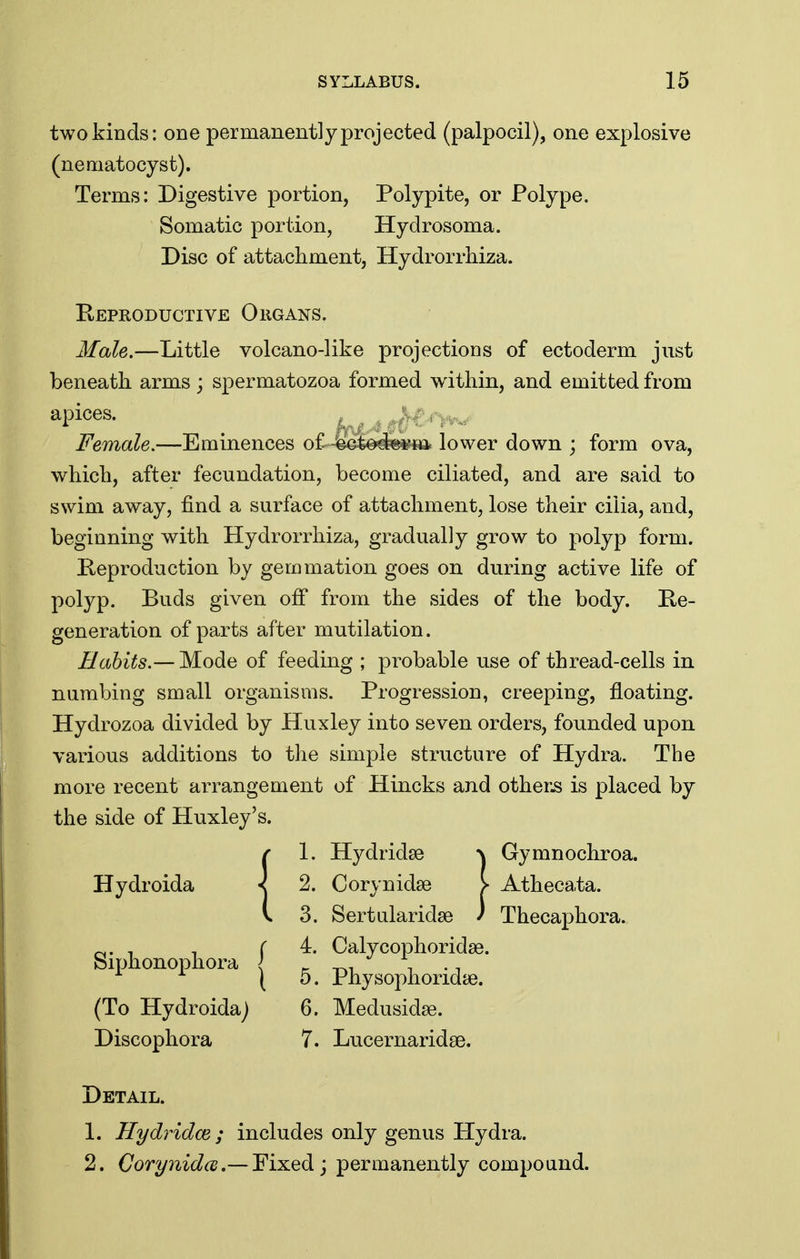 two kinds: one permanently projected (palpocil), one explosive (nenaatocyst). Terms: Digestive portion, Polypite, or Polype. Somatic portion, Hydrosoma. Disc of attachment, Hydrorrhiza. Eeproductive Organs. Male.—Little volcano-like projections of ectoderm just beneath arms; spermatozoa formed within, and emitted from apices. Female,—Eminences of ectoderm lower down j form ova, which, after fecundation, become ciliated, and are said to swim away, find a surface of attachment, lose their cilia, and, beginning with Hydrorrhiza, gradually grow to polyp form. Keproduction by gemmation goes on during active life of polyp. Buds given off from the sides of the body. Re- generation of parts after mutilation. Habits.— Mode of feeding ; probable use of thread-cells in numbing small organisms. Progression, creeping, floating. Hydrozoa divided by Huxley into seven orders, founded upon various additions to the simple structure of Hydra. The more recent arrangement of Hincks and other.s is placed by the side of Huxley's. Hydroida Siphonophora (To Hydroida; Discophora 4. Calycophoridse. 5. Physophoridie. 6. Medusidse. 7. Lucernaridse. Detail. 1. Hydridce ; includes only genus Hydra. 2. Corynidce,—Fixed; permanently compound.