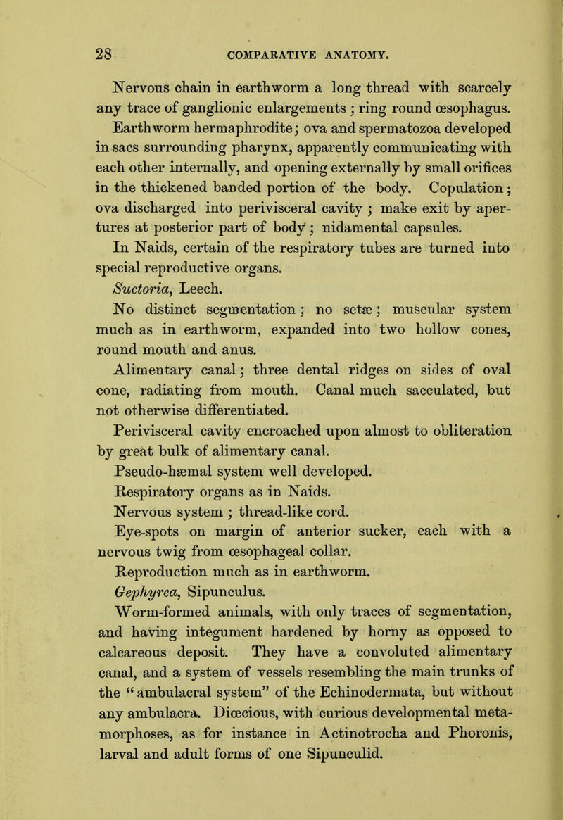 Nervous chain in earthworm a long thread with scarcely any trace of ganglionic enlargements ; ring round oesophagus. Earthworm hermaphrodite; ova and spermatozoa developed in sacs surrounding pharynx, apparently communicating with each other internally, and opening externally by small orifices in the thickened banded portion of the body. Copulation; ova discharged into perivisceral cavity ; make exit by aper- tures at posterior part of body; nidamental capsules. In Naids, certain of the respiratory tubes are turned into special reproductive organs. SuctoTia, Leech. No distinct segmentation; no setse; muscular system much as in earthworm, expanded into two hollow cones, round mouth and anus. Alimentary canal ; three dental ridges on sides of oval cone, radiating from mouth. Canal much sacculated, but not otherwise differentiated. Perivisceral cavity encroached upon almost to obliteration by great bulk of alimentary canal. Pseudo-hsemal system well developed. Respiratory organs as in Naids. Nervous system ; thread-like cord. Eye-spots on margin of anterior sucker, each with a nervous twig from oesophageal collar. Heproduction much as in earthworm. Gephyrea, Sipunculus. Worm-formed animals, with only traces of segmentation, and having integument hardened by horny as opposed to calcareous deposit. They have a convoluted alimentary canal, and a system of vessels resembling the main trunks of the  ambulacral system of the Echinodermata, but without any ambulacra. Dioecious, with curious developmental meta- morphoses, as for instance in Actinotrocha and Phoronis, larval and adult forms of one Sipunculid.