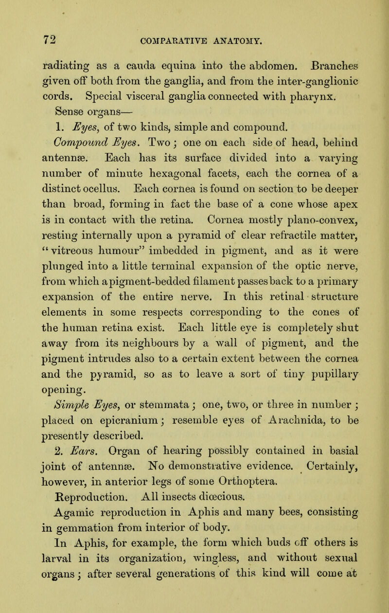 radiating as a cauda equina into the abdomen. Branches given off both from the ganglia, and from the inter-ganglionic cords. Special visceral ganglia connected with pharynx. Sense organs— 1. Eyes, of two kinds, simple and compound. Compound Eyes. Two; one on each side of head, behind antennae. Each has its surface divided into a varying number of minute hexagonal facets, each the cornea of a distinct ocellus. Each cornea is found on section to be deeper than broad, forming in fact the base of a cone whose apex is in contact with the retina. Cornea mostly plano-convex, resting internally upon a pyramid of clear refractile matter, vitreous humour imbedded in pigment, and as it were plunged into a little terminal expansion of the optic nerve, from which a pigment-bedded filament passes back to a primary expansion of the entire nerve. In this retinal structure elements in some respects corresponding to the cones of the human retina exist. Each little eye is completely shut away from its neighbours by a wall of pigment, and the pigment intrudes also to a certain extent between the cornea and the pyramid, so as to leave a sort of tiny pupillary- opening. Simple Eyes, or stemmata; one, two, or three in number ; placed on epicranium; resemble eyes of Arachnida, to be presently described. 2. Ears. Organ of hearing possibly contained in basial joint of antennae. No demonstrative evidence. Certainly, however, in anterior legs of some Orthoptera. Kepreduction. All insects dioecious. Agamic reproduction in Aphis and many bees, consisting in gemmation from interior of body. In Aphis, for example, the form which buds off others is larval in its organization, wingless, and without sexual organs; after several generations of this kind will come at