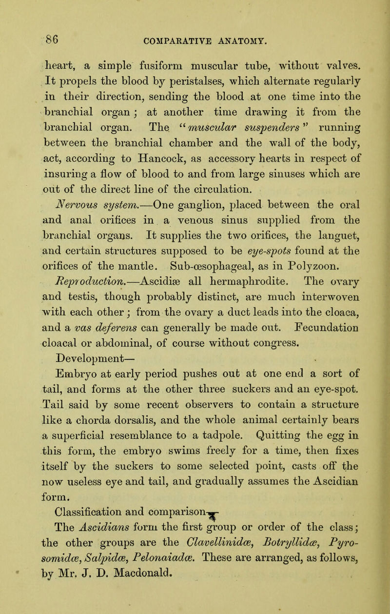 heart, a simple fusiform muscular tube, without valves. It propels the blood by peristalses, which alternate regularly in their direction, sending the blood at one time into the branchial organ; at another time drawing it from the branchial organ. The ^'muscular suspenders running between the branchial chamber and the wall of the body, act, according to Hancock, as accessory hearts in respect of insuring a flow of blood to and from large sinuses which are out of the direct line of the circulation. Nervous system.—One ganglion, placed between the oral and anal orifices in a venous sinus supplied from the branchial organs. It supplies the two orifices, the languet, and certain structures supposed to be eye-spots found at the orifices of the mantle. Sub-oesophageal, as in Polyzoon. Reproduction.—Ascidise all hermaphrodite. The ovary and testis, though probably distinct, are much interwoven with each other; from the ovary a duct leads into the cloaca, and a vas deferens can generally be made out. Fecundation cloacal or abdominal, of course without congress. Development— Embryo at early period pushes out at one end a sort of tail, and forms at the other three suckers and an eye-spot. Tail said by some recent observers to contain a structure like a chorda dorsal is, and the whole animal certainly bears a superficial resemblance to a tadpole. Quitting the egg in this form, the embryo swims freely for a time, then fixes itself by the suckers to some selected point, casts ofiT the now useless eye and tail, and gradually assumes the Ascidian form. Classification and comparisonTj|- The Ascidians form the first group or order of the class; the other groups are the Clavellinidce, JBotryllidcd, Fyro- somidce, Salpidce, Pelonaiadce. These are arranged, as follows, by Mr, J. D. Macdonald.