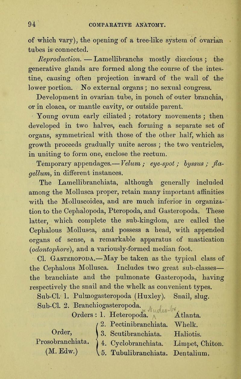 of which vary)^ the opening of a tree-like system of ovarian tubes is connected. Reproduction. — Lamellibranchs mostly dioecious ; the generative glands are formed along the course of the intes- tine, causing often projection inward of the wall of the lower portion. No external organs; no sexual congress. Development in ovarian tube, in poiich of outer branchia, or in cloaca, or mantle cavity, or outside parent. Young ovum early ciliated ; rotatory movements ; then developed in two halves, each forming a separate set of organs, symmetrical with those of the other half, which as growth proceeds gradually unite across ; the two ventricles, in uniting to form one, enclose the rectum. Temporary appendages.— Velum; eye-si^ot ; hyssus ; Jla- gellum, in different instances. The Lamellibranchiata, although generally included among the Mollusca proper, retain many important affinities with the Molluscoidea, and are much inferior in organiza- tion to the Cephalopoda, Pteropoda, and Gasteropoda. These latter, which complete the sub-kingdom, are called the Cephalous Mollusca, and possess a head, with appended organs of sense, a remarkable apparatus of mastication (odontophore), and a variously-formed median foot. CI. Gasteropoda.—May be taken as the typical class of the Cephalous Mollusca. Includes two great sub-classes— the branchiate and the pulmonate Gasteropoda, having respectively the snail and the whelk as convenient types. Sub-Cl. 1. Pulmogasteropoda (Huxley). Snail, slug. Sub-Cl. 2. Branchiogasteropoda. ^ ^ y Orders:!. Heteropoda. k ' Atlanta. i2. Pectinibranchiata. Whelk. 3. Scutibranchiata. Haliotis. 4. Cyclobrancliiata. Limpet, Chiton. 5. Tubulibranchiata. Dentalium.