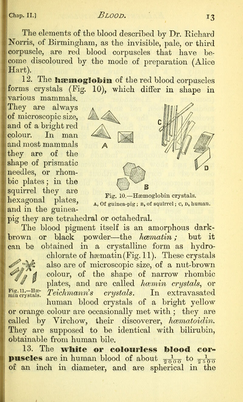 The elements of the blood described by Dr. Eichard Norris, of Birmingham, as the invisible, pale, or third corpuscle, are red blood corpuscles that have be- come discoloured by the mode of preparation (Alice Hart). 12. The tfteemog'Sobiii of the red blood corpuscles forms crystals (Fig. 10), which differ in shape in various mammals. They are always of microscopic size, and of a bright red colour. In man and most mammals they are of the shape of prismatic needles, or rhom- bic plates; in the squirrel they are hexagonal plates, and in the guinea- pig they are tetrahedral or octahedral. The blood pigment itself is an amorphous dark- brown or black powder—the hcematin; but it can be obtained in a crystalline form as hydro- chlorate of h8ematin(Fig. 11). These crystals also are of microscopic size, of a nut-brown colour, of the shape of narrow rhombic plates, and are called hcemin crystals, or Teichmann^s crystals. In extravasated human blood crystals of a bright yellow or orange colour are occasionally met with ; they are called by Yirchow, their discoverer, hcematoidin. They are supposed to be identical with bilirubin, obtainable from human bile. 13. The wliite or colourless blood cor- Fig-. 10.—Haemoglobin crystals. A, Of guinea-pig; b, ot squirrel; c, d, human. Fig.n.—Hfe- min crystals. puscles are in human blood of about to 2 5 0 0 of an inch in diameter, and are spherical in the