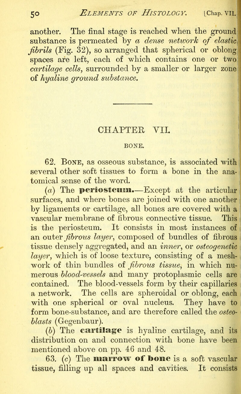 another. The final stage is reached when the ground substance is permeated by a dense network of elastic\ fibrils (Fig. 32), so arranged that spherical or oblong spaces are left, each of which contains one or two cartilage cells, surrounded by a smaller or larger zonej of hyaline ground substance. CHAPTER VII. BONE. i 62. Bone, as osseous substance, is associated with i several other soft tissues to form a bone in the ana-j tomical sense of the word. {a) The peoosteiim.—Except at the articular surfaces, and where bones are joined with one another by ligaments or cartilage, all bones are covered with a ! vascular membrane of fibrous connective tissue. This t is the periosteum. It consists in most instances of an outer fibrous layer, composed of bundles of fibrous i tissue densely aggregated, and an inner, or osteogenetic j layer, which is of loose texture, consisting of a mesh- J work of thin bundles of fibrous tissue, in which nu- merous blood-vessels and many protoplasmic cells are contained. The blood-vessels form by their capillaries a network. The cells are spheroidal or oblong, each with one spherical or oval nucleus. They have to form bone-substance, and are therefore called the osteo- blasts (Gegenbaur). (b) The cartilage is hyaline cartilage, and its distribution on and connection with bone have been mentioned above on pp. 46 and 48. 63. (c) The marrow of bone is a soft vascular tissue, filling up all spaces and cavities. It consists