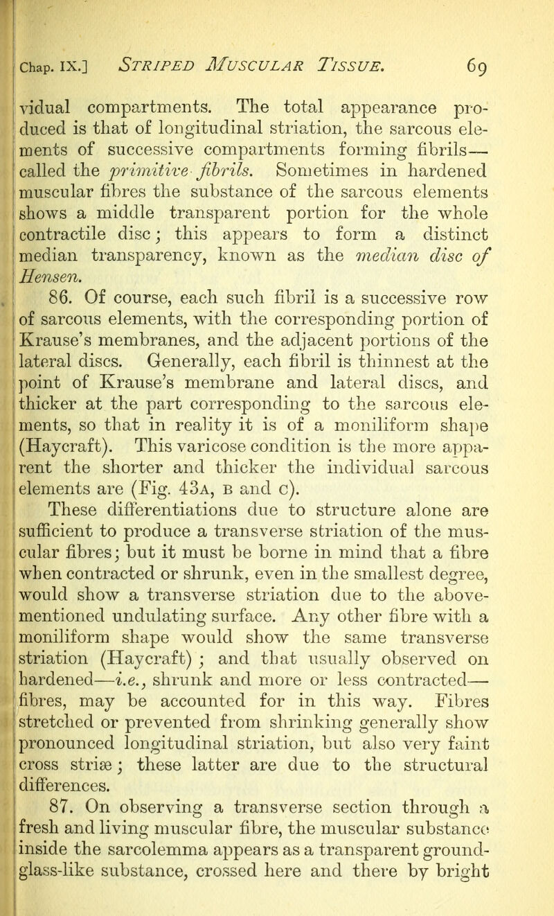 vidual compartments. The total appearance pro- duced is that of longitudinal striation, the sarcous ele- ments of successive compartments forming fibrils— ' called the primitive- fibrils. Sometimes in hardened muscular fibres the substance of the sarcous elements shows a middle transparent portion for the whole contractile disc; this appears to form a distinct median transparency, known as the median disc of I Hensen. I 86. Of course, each such fibril is a successive row of sarcous elements, with the corresponding portion of Krause's membranes, and the adjacent portions of the ! lateral discs. Generally, each fibril is thinnest at the ! point of Krause's membrane and lateral discs, and thicker at the part corresponding to the sarcous ele- ments, so that in reality it is of a moniliform shaj^e ! (Haycraft). This varicose condition is the more appa- jrent the shorter and thicker the individual sarcous I elements are (Fig. 4:3a, b and c). i These diflerentiations due to structure alone are j sufiicient to produce a transverse striation of the mus- I cular fibres; but it must be borne in mind that a fibre when contracted or shrunk, even in the smallest degree, would show a transverse striation due to the above- mentioned undulating surface. Any other fibre with a I moniliform shape would show the same transverse j striation (Haycraft) ; and that usually observed on I hardened—i.e., shrunk and more or less contracted— I fibres, may be accounted for in this way. Fibres stretched or prevented from shrinking generally show (pronounced longitudinal striation, but also very faint I cross striae; these latter are due to the structural i difierences. 87. On observing a transverse section through a fresh and living muscular fibre, the muscular substancci inside the sarcolemma appears as a transparent ground- glass-like substance, crossed here and there by bright