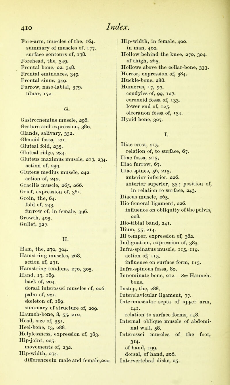 Fore-arm, muscles of the, 164. summary of muscles of, 177. surface contours of, 178. Forehead, the, 349. Frontal bone, 22, 348. Frontal eminences, 349. Frontal sinus, 349. Furrow, naso-labial, 379. ulnar, 172, G. Gastrocnemius muscle, 298. Gesture and expression, 380. Glands, salivary, 332. Glenoid fossa, loi. Gluteal fold, 235. Gluteal ridge, 234. Gluteus maximus muscle, 217, 234. action of, 239. Gluteus medius muscle, 242. action of, 242. Gracilis muscle, 265, 266. Grief, expression of, 381. Groin, the, 64. fold of, 243. furrow of, in female, 396. Growth, 403. Gullet, 327. H. Ham, the, 270, 304, Hamstring muscles, 268, action of, 271. Hamstring tendons, 270, 305. Hand, 17, 189. back of, 204. dorsal interossei muscles of, 206. palm of, 201. skeleton of, 189. summary of structure of, 209. Haunch-bone, 8, 55, 212. Head, size of, 351. Heel-bone, 13, 288. Helplessness, expression of, 383. Hip-joint, 225. movements of, 232. Hip-width, 274. differences in male and female,22o. Hip-width, in female, 400. in man, 400. Hollow behind the knee, 270, 304. of thigh, 265, Hollows above the collar-bone, 333. Horror, expression of, 384. Huckle-bone, 288. Humerus, 17, 97. condyles of, 99, 127. coronoid fossa of, 133. lower end of, 125. olecranon fossa of, 134. Hyoid bone, 327. I. Iliac crest, 215. relation of, to surface, 67. Iliac fossa, 215. Iliac furrow, 67. Iliac spines, 56, 215. anterior inferior, 226. anterior superior, 35 ; position of, in relation to surface, 243. Iliacus muscle, 265, Ilio-femoral ligament, 226. influence on obliquity of the pelvis, 228. Ilio-tibial band, 241. Ilium, 55, 214. Ill temper, expression of, 382. Indignation, expression of, 383. Infra-spinatus muscle, 115, 119. action of, 115. influence on surface form, 115. Infra-spinous fossa, 80. Innominate bone, 212. See Haunch- bone. Instep, the, 288. Interclavicular ligament, 77, Intermuscular septa of upper arm, 141. relation to surface forms, 148. Internal oblique muscle of abdomi- nal wall, 58. Interossei muscles of the foot, 314- of hand, 199. dorsal, of hand, 206. Intervertebral disks, 25.