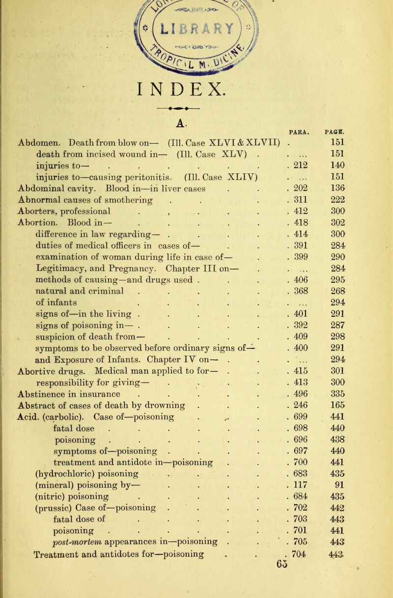 INDEX. A. PARA. PAGE. Abdomen. Death from blow on— (111. Case XLVI & XLVII) 151 death from incised wound in— (111. Case XLY) 151 iniuries to— ...... . 212 140 injuries to—causing peritonitis. (111. Case XLIV) 151 Abdominal cavity. Blood in—in liver cases . 202 136 Abnormal causes of smothering . 311 222 Aborters, professional . , . 412 300 Abortion. Blood in— ..... . 418 302 difference in law regarding:— .... . 414 300 duties of medical officers in cases of— . 391 284 examination of woman during life in case of— . 399 290 Legitimacy, and Pregnancy. Chapter III on— 284 methods of causing—and drugs used . . 406 295 natural and criminal ..... . 368 268 of infants ..... 294 signs of—in the living ..... . 401 291 signs of poisoning in— ..... . 392 287 suspicion of death from— .... . 409 298 symptoms to be observed before ordinary signs of— . 400 291 and Exposure of Infants. Chapter IV on— . J. -L 294 Abortive drugs. Medical man applied to for— . . 415 301 responsibility for giving— .... . 413 300 Abstinence in insurance ..... . 496 335 Abstract of cases of death by drowning . 246 165 Acid, (carbolic). Case of—poisoning . 699 441 fatal dose ...... . 698 440 poisoning ....... . 696 438 symptoms of—poisoning .... . 697 440 treatment and antidote in—poisoning . 700 441 (hydrochloric) poisoning ... . 683 435 (mineral) poisoning by— .... . 117 91 (nitric) poisoning ..... . 684 435 (prussic) Case of—poisoning . . 702 442 fatal dose of . 703 443 poisoning ...... . 701 441 post-mortem appearances in—poisoning . . 705 443 Treatment and antidotes for—poisoning . 704 443- 65