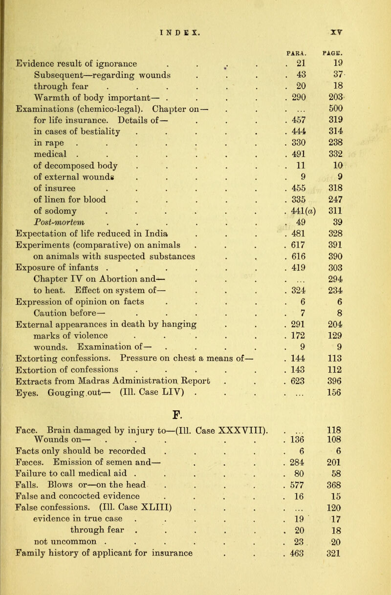 Tl 1 11 ( rAKA. r A wit, Li tt-m s~\ /~k-v~> n A t* A mi It* at •• a*t» s~\ t>c~\ n /i /~w iwiaence result or ignorance .... 91 x^ kJ LlUbClJ LLOXXU^^L CgclX Uxxlg W U UUUI5 ... 48 37 LIlIULli^Il lcdii ...... . — U 18 ^Varmth of body important— .... 90^ I*! .vo TV* n Ti q t~ i a,vi o ir» n ayyi i a a ■ I a a»o 1 1 I . a q vif ot» /in — XiXdllllllct LIUllb ^Gllt!IllltiO-lt5gdjl^ • lid ULtJI UIl^- . . KOO iui int; nib hi ctnut?. iytJuciim ui^^ • • ■ 319 m cases oi oestianty ..... OI'* ±xx x cu uc ....... 380 238 meciicai ....... ^^9 00£ oi aecomposea ooay ..... 1U oi exiGrnai wouiiqs ..... Q a if Ul lilo LL± C/t5 .•**•• 455 318 OIL/ oi imen ior oiooa ..... . OOO oi feocioiiiy * . . • AAA (n\ Oil JL UO V fivU 1 tVfil/ 4Q 39 l-i. vv\ a at o fn i\Ti at itt a T»orlnnAn i ti 1 nrlio JjjXpt5CI;ciL/1011 OI lilt! IGCIUCGO. Ill XII (lit* . . . ^bol ^98 o^o M *V1* AT»I TVI ATI T O 1 A AVV1 V~\ O V> O T T TTA 1 /\TI O Tl t TY~» Old lyxperimenis ^comparative^ on animais . . . 01 / oy i A.TI Q Tl 1 TYl O O iin f rl D11 O V\ Q nf A /J C* n r \ of Q Tl nOP Oil dlllllldjlb VVllll bUbptJuLtJU. bUUotcillCcS • «_ . oio oyu T^i'VT\riC!nT*A r^T iti tq tit a JJJAJJUfoU.lt? UI llllcllluo ...... . 4!li7 ouo niifi,nf',PT> T^7 on A TwpfvwYn n ti rl —— VylldiLJ UCl X V XX KJyjl. UlUil CXjxLxjL . • . 9Q4, T A U AO f H.-frAAT ATI HTTCif ATVl AT to neat. Hinect on system oi— . . . OZl! SUX. UI CoblUil Ul U UxxllUIl UX1 XaUuB .... A . u U oautiion oeiore— ..... 7 Q O HiXternai appearances m a.eaun oy nangmg . zyi marKS oi violence ..... . 1 (<L 19Q izy wonncis. Hixammaiiion oi— .... Q y Hixiiortiing coiiiesbiuiib. xitJbbuitj uii uncou n means or— 1 Al 110 Extortion of confessions ..... . 143 112 Extracts from Madras Administration Report . 623 396 Eyes. Gouging.out— (111. Case LIV) 156 F Face, liram damaged by injury to—(111. Case XXXVIII). 118 \ A / A^Tl Tl /~l d AVI vv ouncis on— ... . . . loo lUo I? acts oniy snouia. oe recoraea. .... 0 o Li n r\ e~i Li yvi t n n i at* a atm at* r\ 1^ /~l i; 36ces. Himission oi semen ana.— on i ZU1 x aiiure to can meuicai aici ..... OA oo Jj alio. JjIUWo UX~~UII Li lit; UceuCL- .... . o( ( OOO Li ' <—v 1 n ~V\ y-» AVI /** /\ AT /^V /~J ATT 1 /~J A A i! aise ana. concoctea eviaence 10 I K TTalao nnrifpcscjinns ^Tll f1i}<sp ^TTiTTT^ 1 9A LAV eVlU-tJIlUo 111 01 Lit/ Odibo ..... 1 Q iy 1/ i,Vl T*All Cf Vl fpfl.T* LlXXX W IX ti XX ] vu l ..... 90 lo not uncommon ...... . 23 20 Family history of applicant for insurance . 463 321