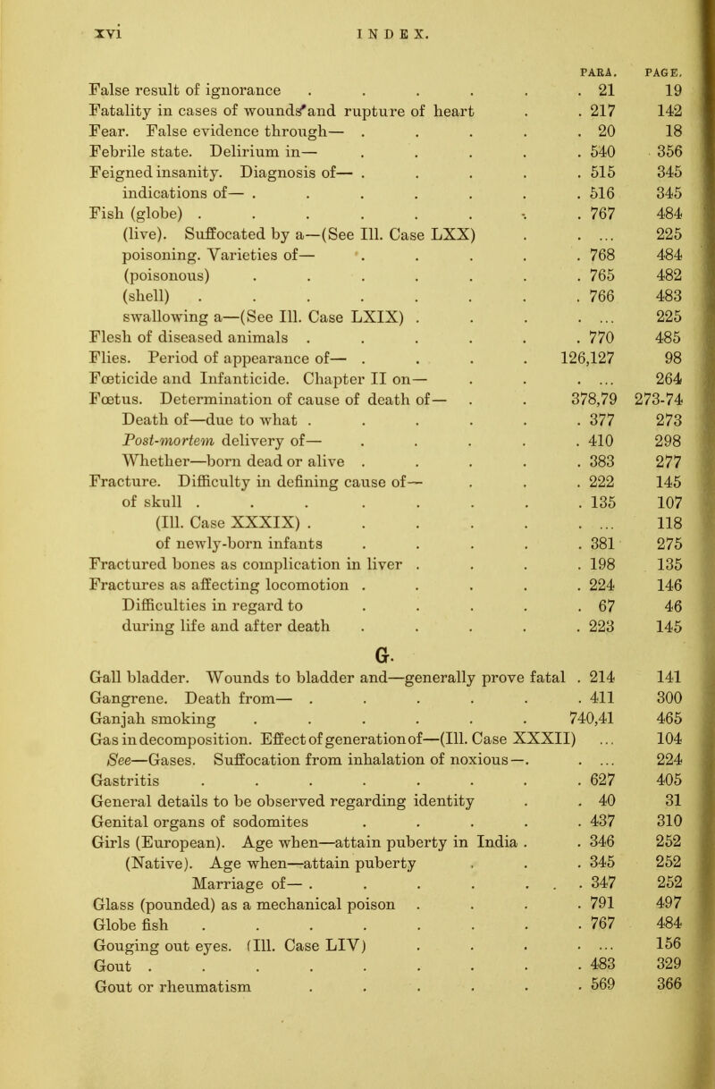 PARA. PAGE. False result of ignorance .... CD . 21 19 Fatality in cases of wounds*and rupture of heart . 217 142 Fear. False evidence through— . . 20 18 Febrile state. Delirium in—■ . 540 356 Feigned insanity. Diagnosis of— . . 515 345 indications of— ..... . 516 345 Fish (globe) ...... . 767 484 (live). Suffocated by a—(See 111. Case LXX) 225 poisoning. Varieties of— . 768 484 (poisonous) . . . . 765 482 (shell) . 766 483 swallowing a—(See 111. Case LXIX) . <~d \ / 225 Flesh of diseased animals .... . 770 485 Flies. Period of appearance of— . 126,127 98 Foeticide and Infanticide. Chapter II on— J. 264 Foetus. Determination of cause of death of— 378,79 273-74 Death of—due to what .... . 377 273 Post-mortem delivery of— . 410 298 Whether—born dead or alive . . 383 277 Fracture. Difficulty in defining cause of— . 222 145 of skull ... ... . 135 107 (111. Case XXXIX) .... 118 of newly-born infants . 381 275 Fractured bones as complication in liver . . 198 135 Fractures as affecting locomotion . . 224 146 Difficulties in regard to ... . 67 46 during life and after death . 223 145 G. Gall bladder. Wounds to bladder and—generally prove fatal . 214 141 Gangrene. Death from— .... . 411 300 Ganjah smoking ..... 740,41 465 Gas in decomposition. Effect of generation of—(111. Case XXXII) ... 104 See—Gases. Suffocation from inhalation of noxious 224 Gastritis ...... . 627 405 General details to be observed regarding identity . 40 31 Genital organs of sodomites . 437 310 Girls (European). Age when—attain puberty in India . . 346 252 (Native). Age when—attain puberty . 345 252 Marriage of— .... ... 347 252 Glass (pounded) as a mechanical poison . 791 497 Globe fish ...... . 767 484 Gouging out eyes. (111. Case LIV) 156 Gout ....... . 483 329 Gout or rheumatism . 569 366